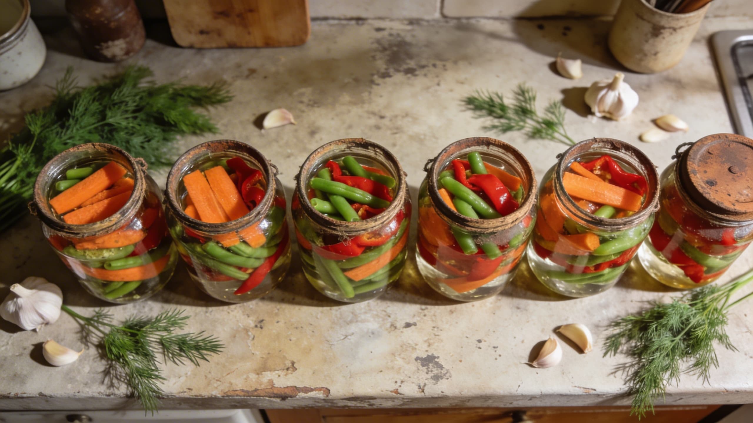 Image 1: Jars of colorful fermenting veggies on a stone table