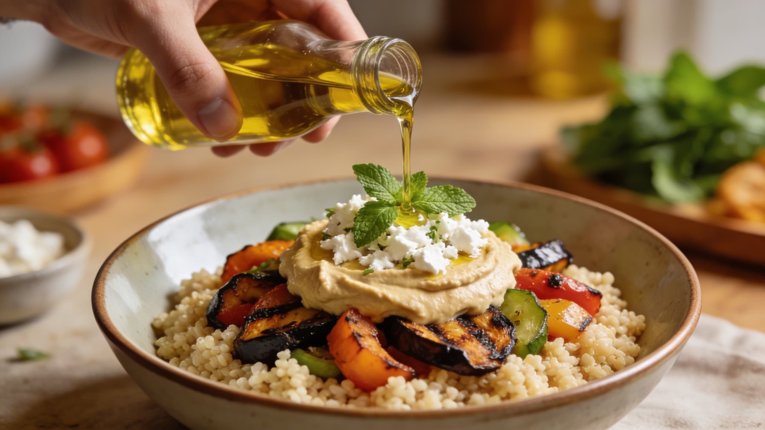 A close-up of a vibrant Mediterranean family bowl being assembled: a base of fluffy grains topped with charred veggies, a dollop of creamy hummus, and a sprinkle of fresh feta and mint.