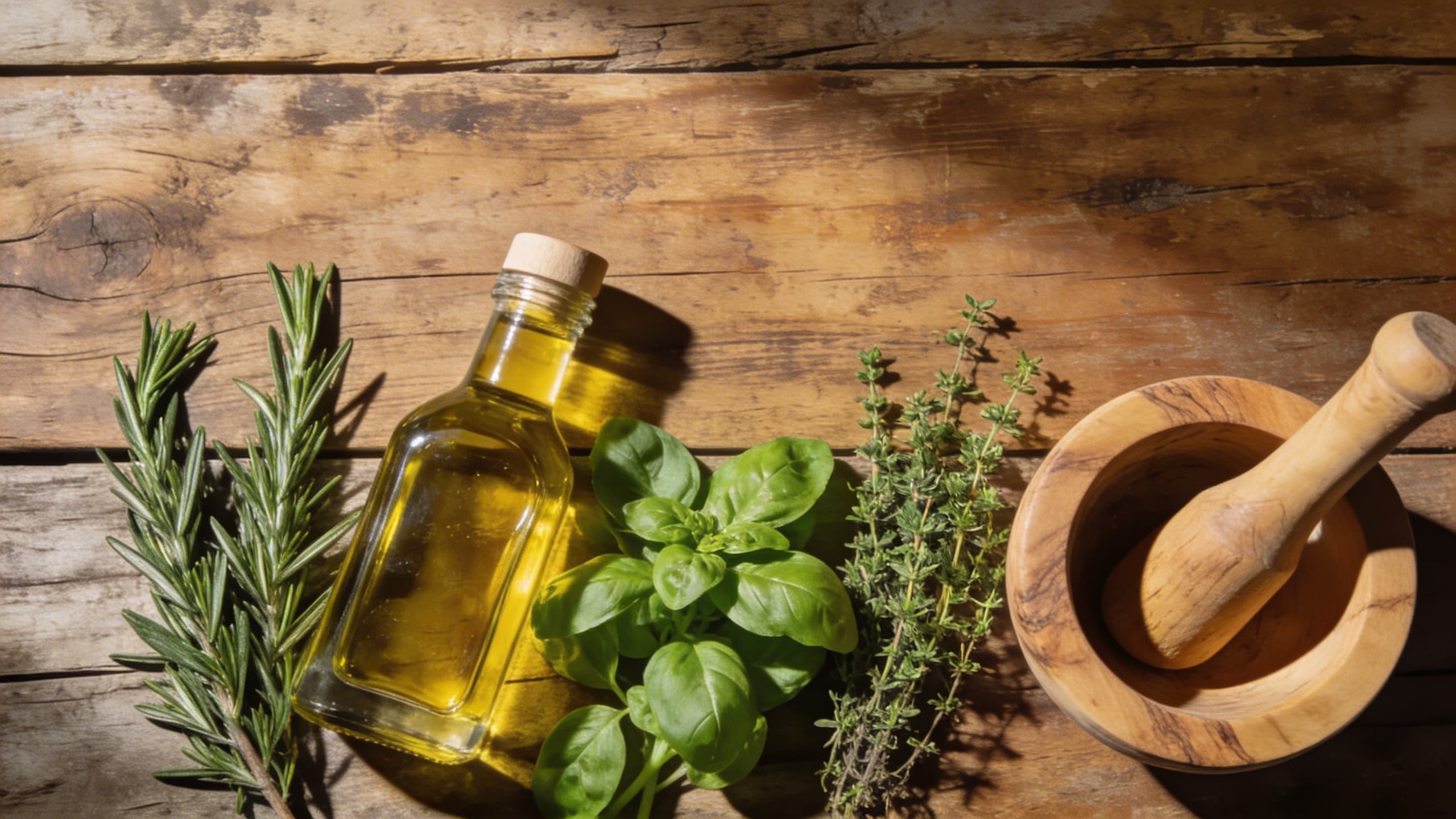 A rustic wooden table featuring a variety of fresh Mediterranean herbs like rosemary, basil, and thyme next to a bottle of golden olive oil and a wooden mortar and pestle.