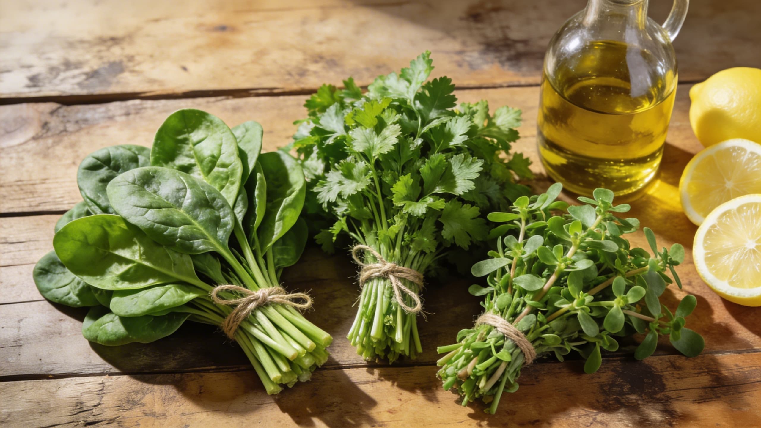 A rustic wooden table with bundles of fresh basil, flat-leaf parsley, and baby spinach tied with twine, next to a bottle of golden olive oil.