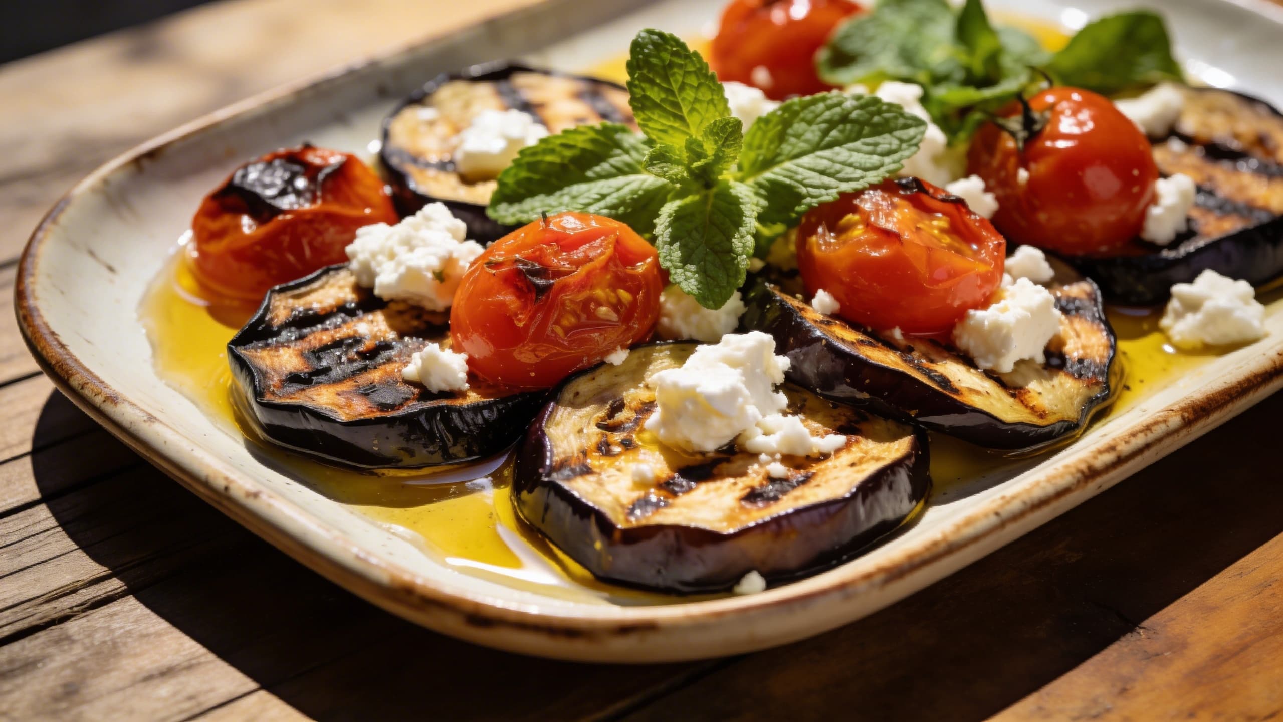 Grilled eggplant planks drizzled with olive oil and topped with fresh mint and crumbled feta.