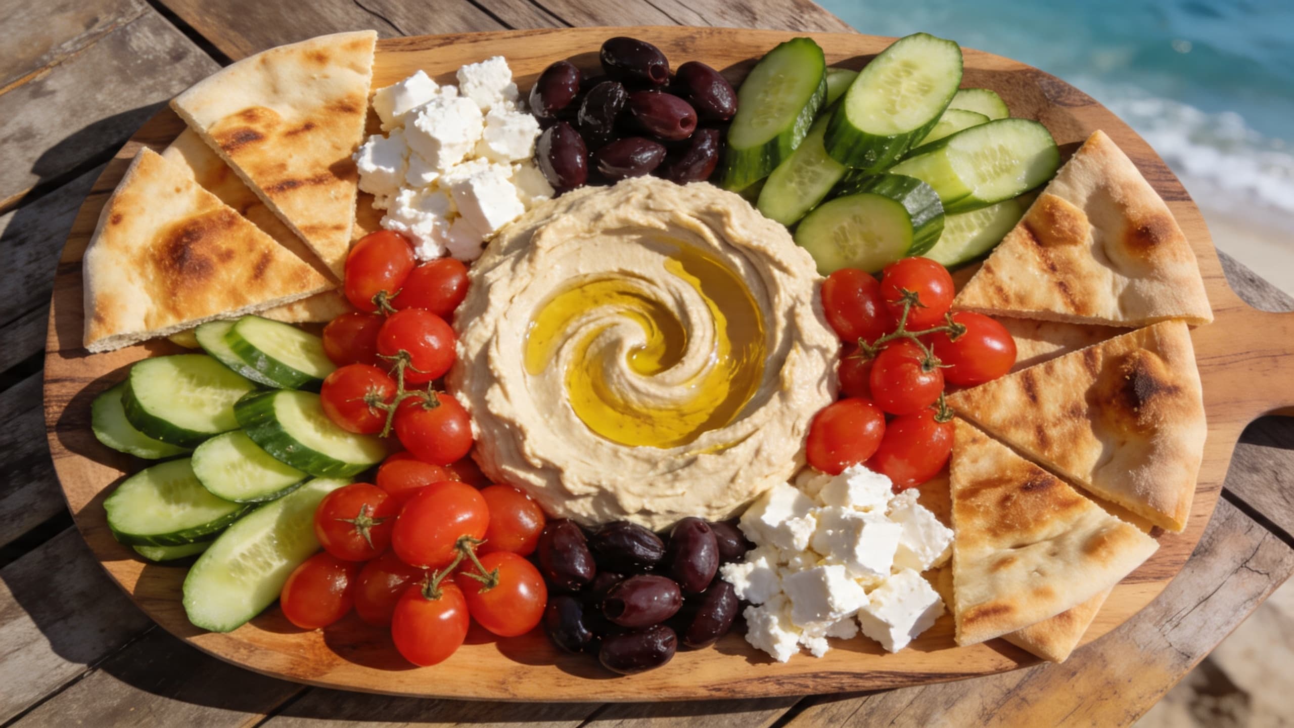 A vibrant Mediterranean mezze platter with colorful dips, fresh veggies, and toasted pita