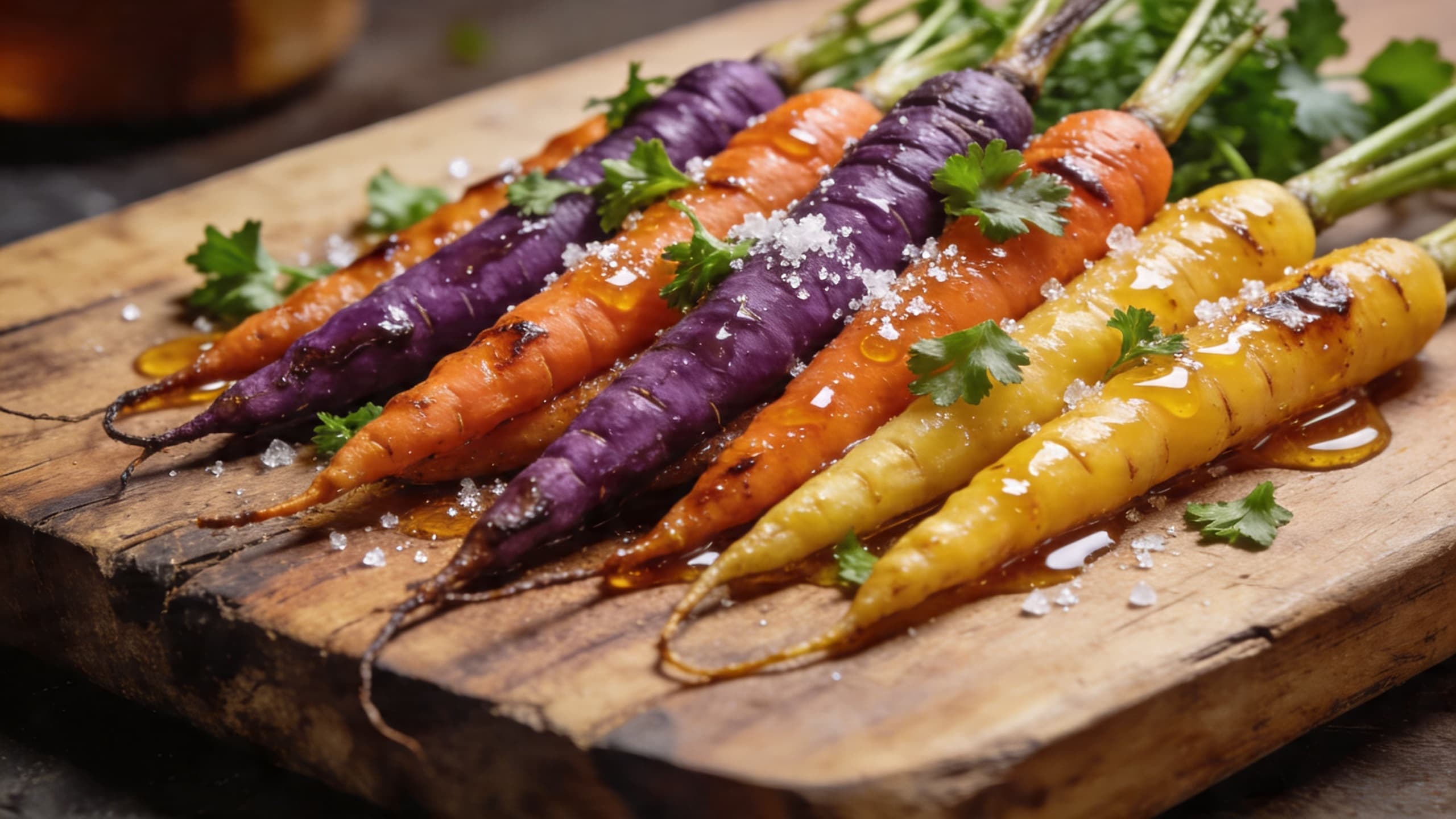 Roasted rainbow carrots glazed with honey and sprinkled with fresh herbs, served on a rustic wooden board with a small bowl of sea salt.