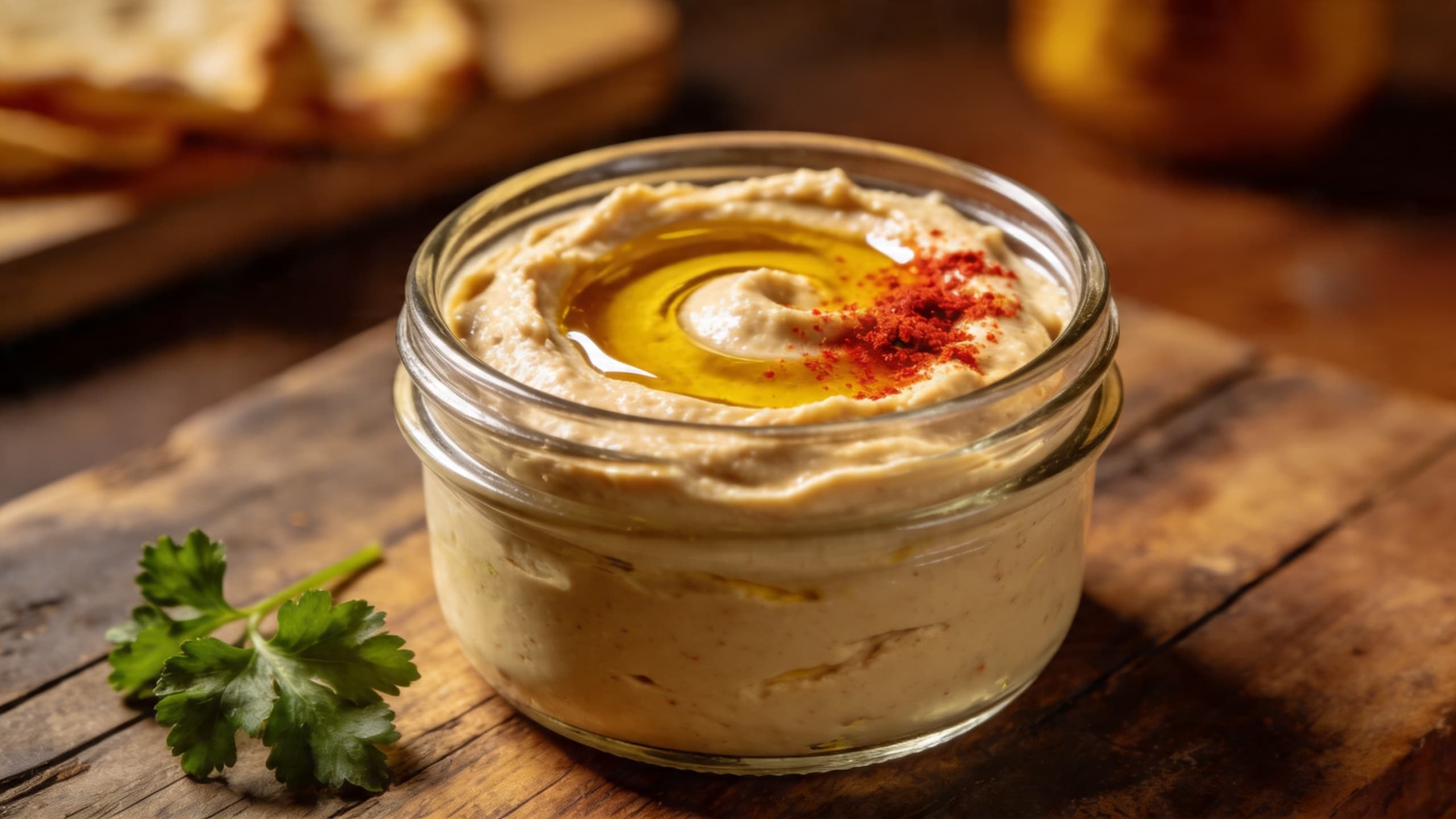 A close-up of a glass jar filled with creamy hummus, topped with a swirl of olive oil and a sprinkle of paprika, sitting on a rustic wooden table.