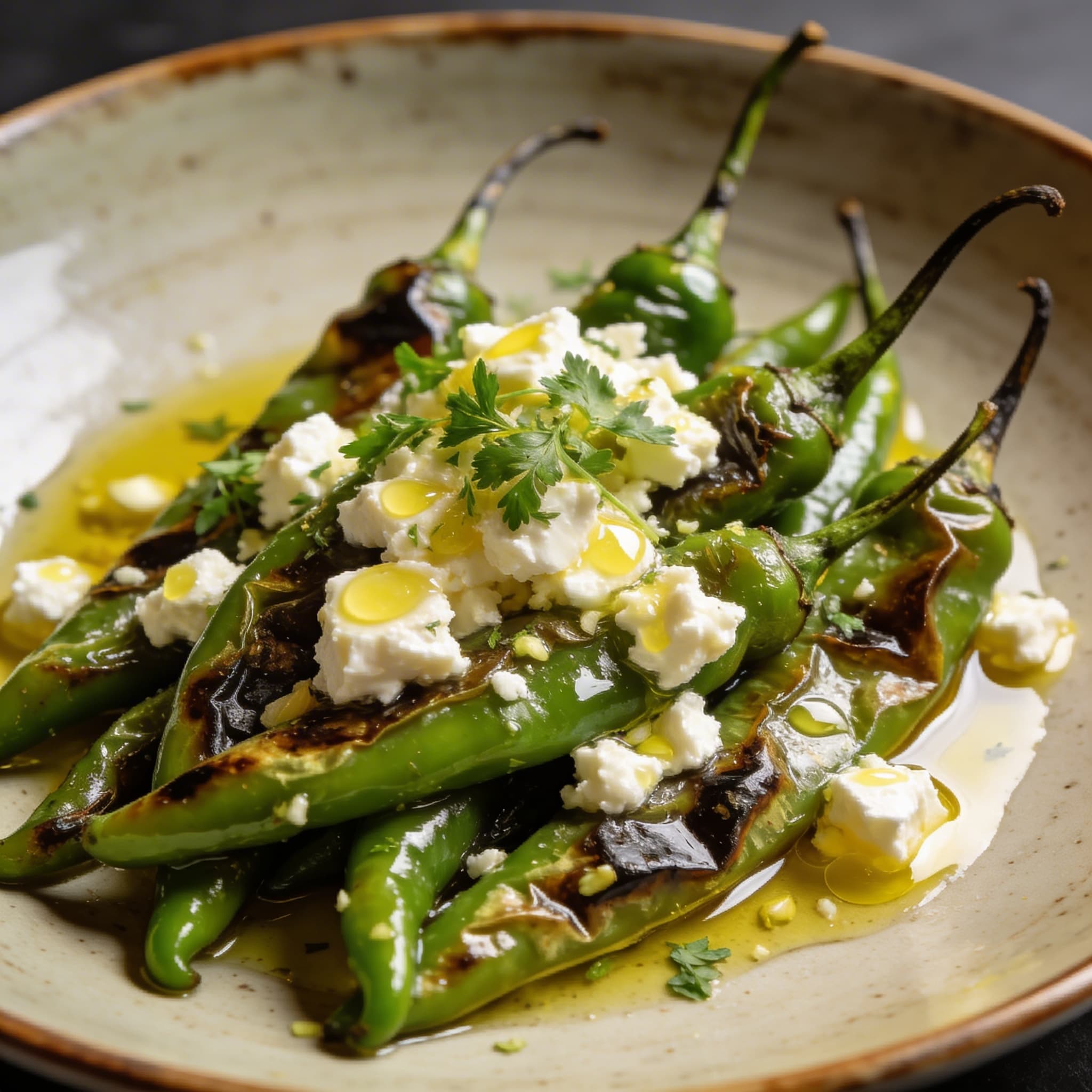 Blistered Shishitos with Feta & Lemon Oil