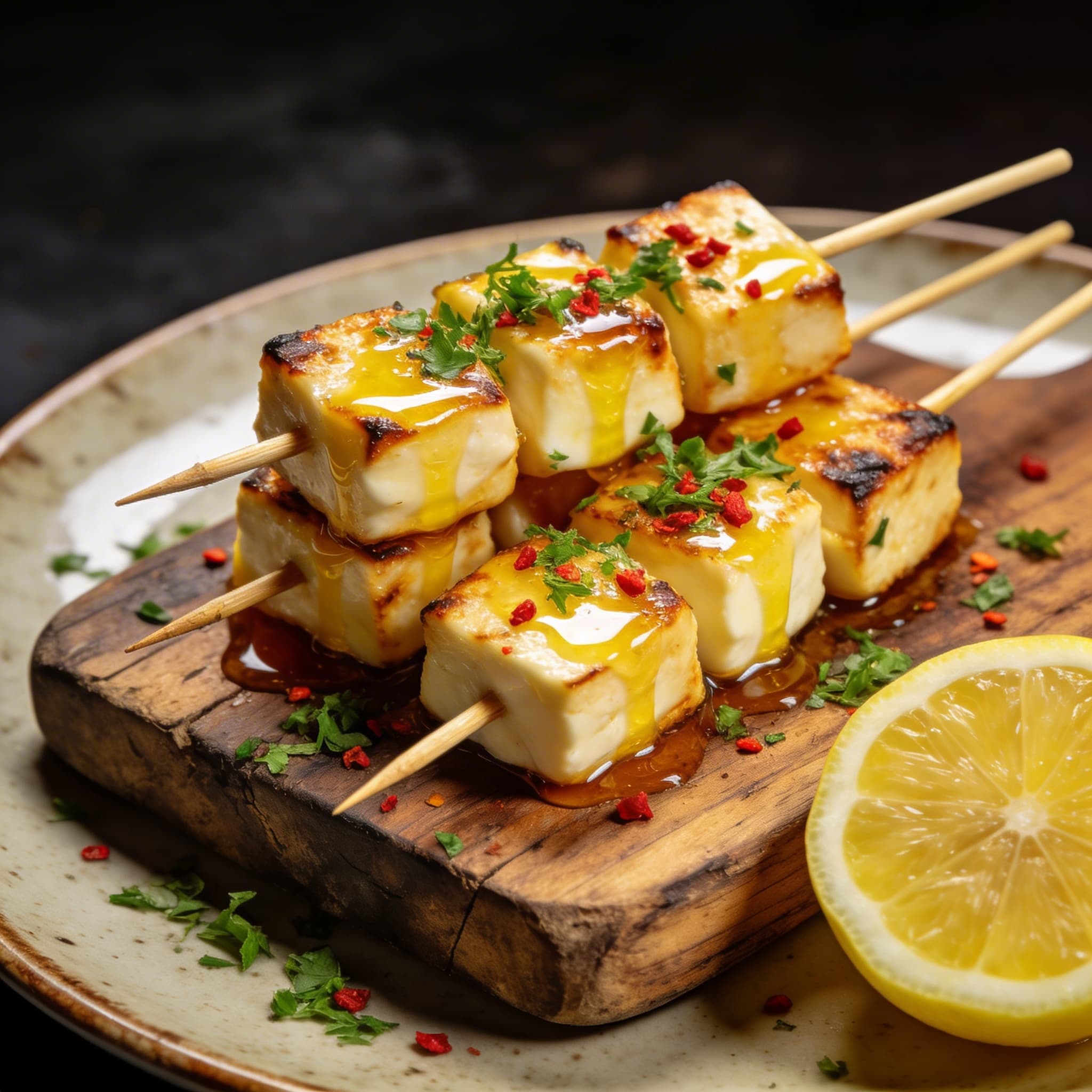 Honey-Glazed Golden Halloumi Skewers