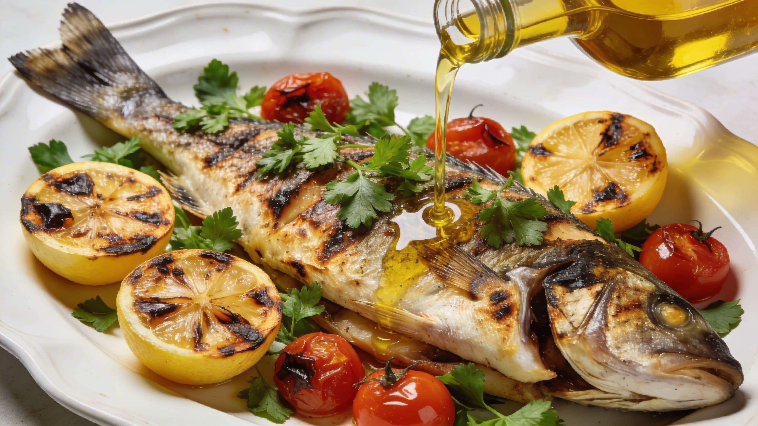 A perfectly grilled whole sea bream on a white platter, garnished with blistered cherry tomatoes, fresh parsley, and a drizzle of golden olive oil.