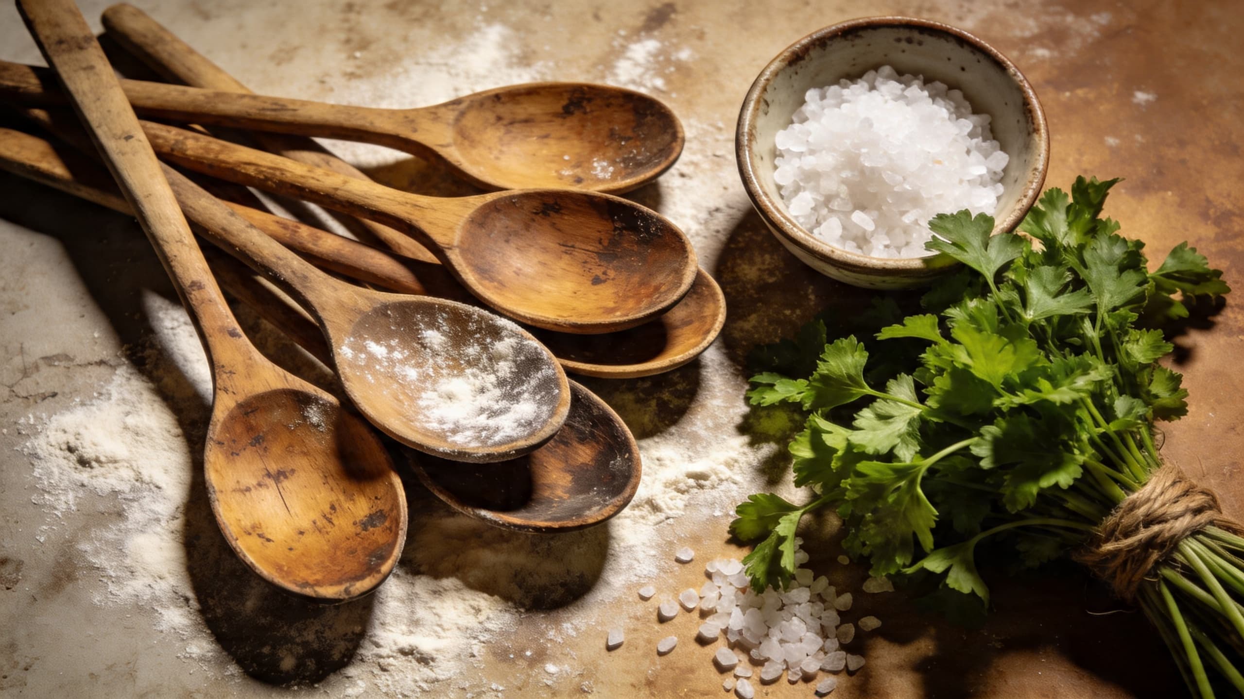 My grandmother's vintage wooden spoons on a flour-dusted counter next to fresh herbs.