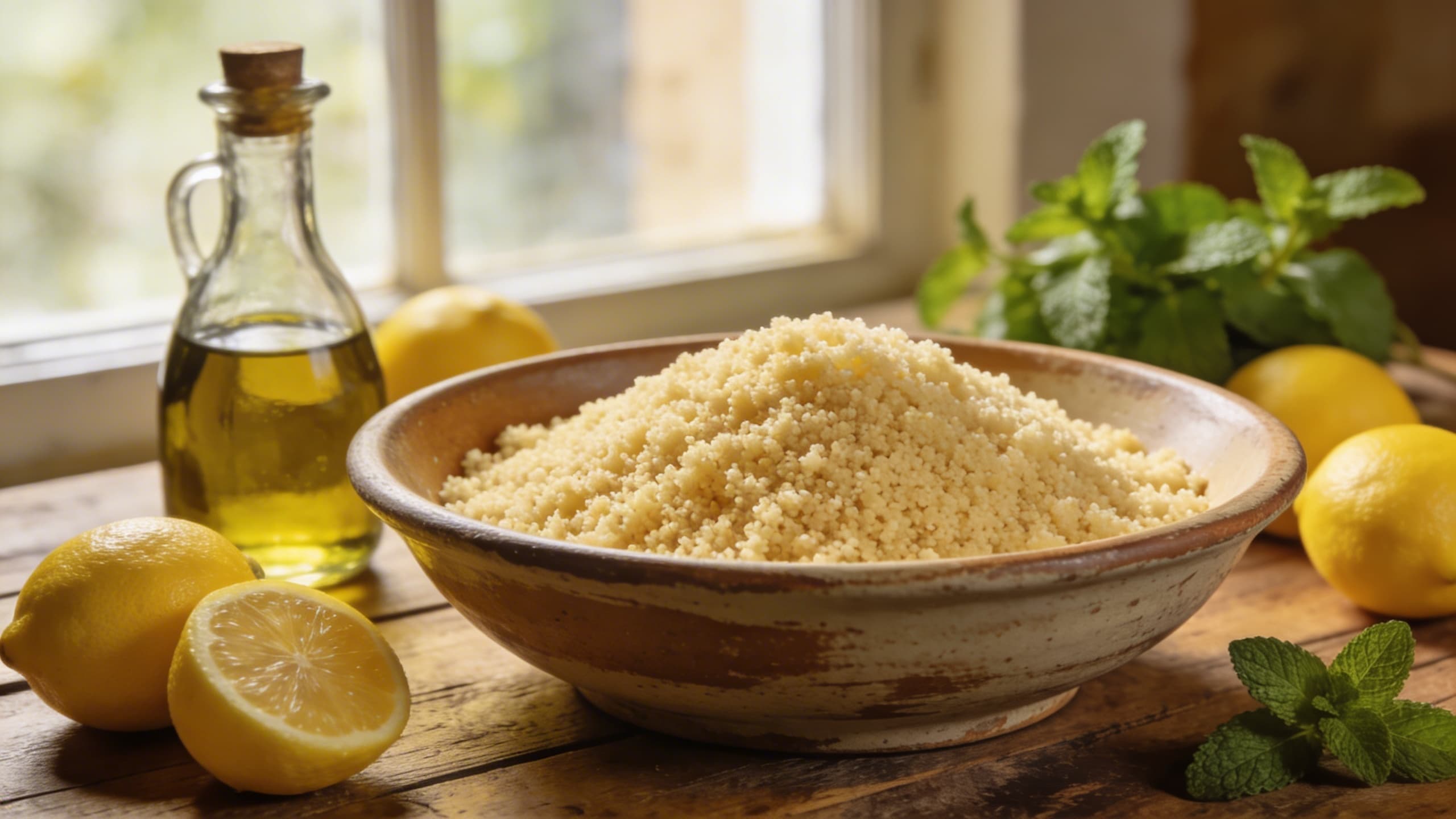 A rustic wooden table setting with a large bowl of couscous, surrounded by fresh lemons and olive oil
