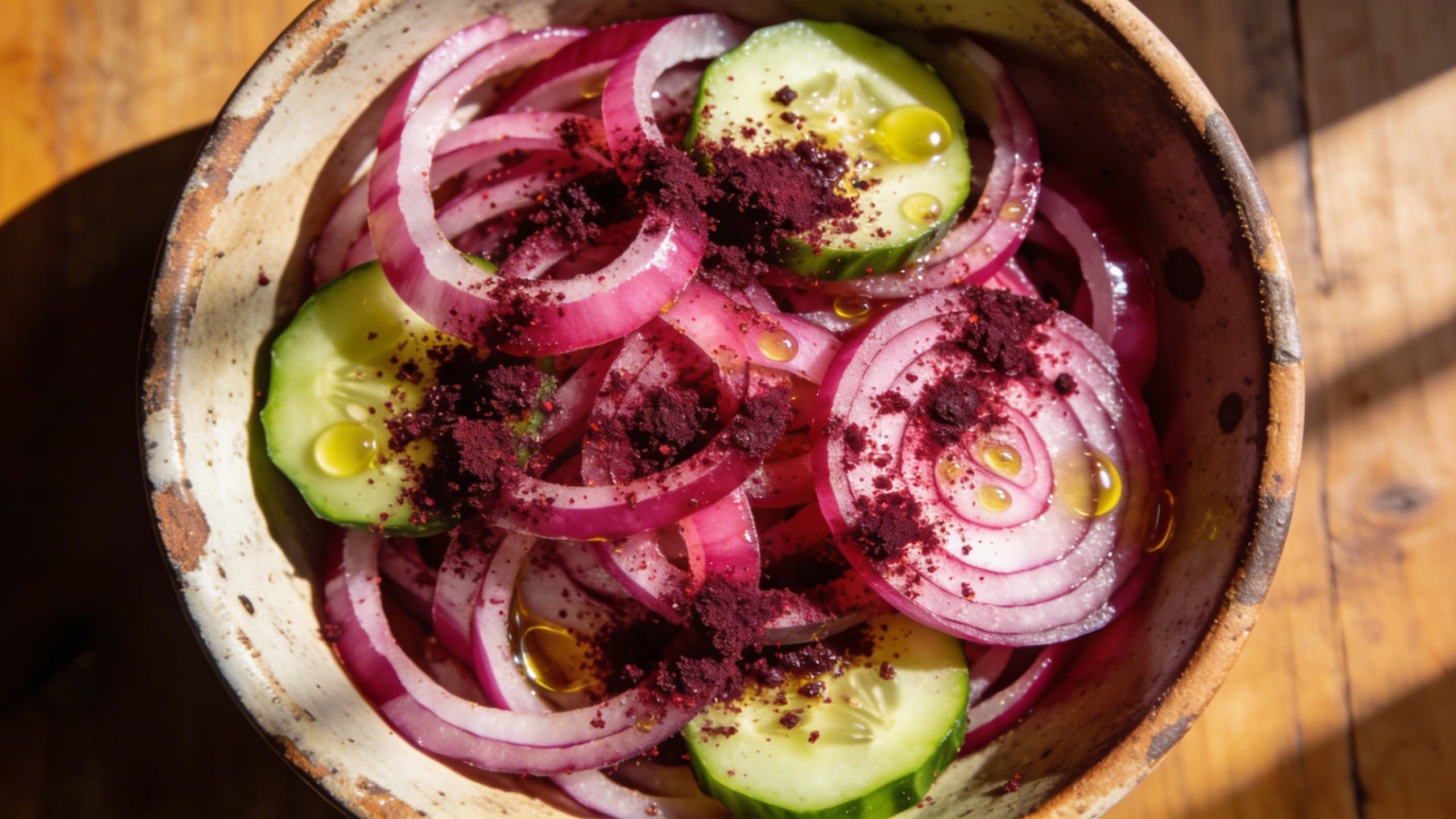 A vibrant bowl of sumac-rubbed red onions and sliced cucumbers