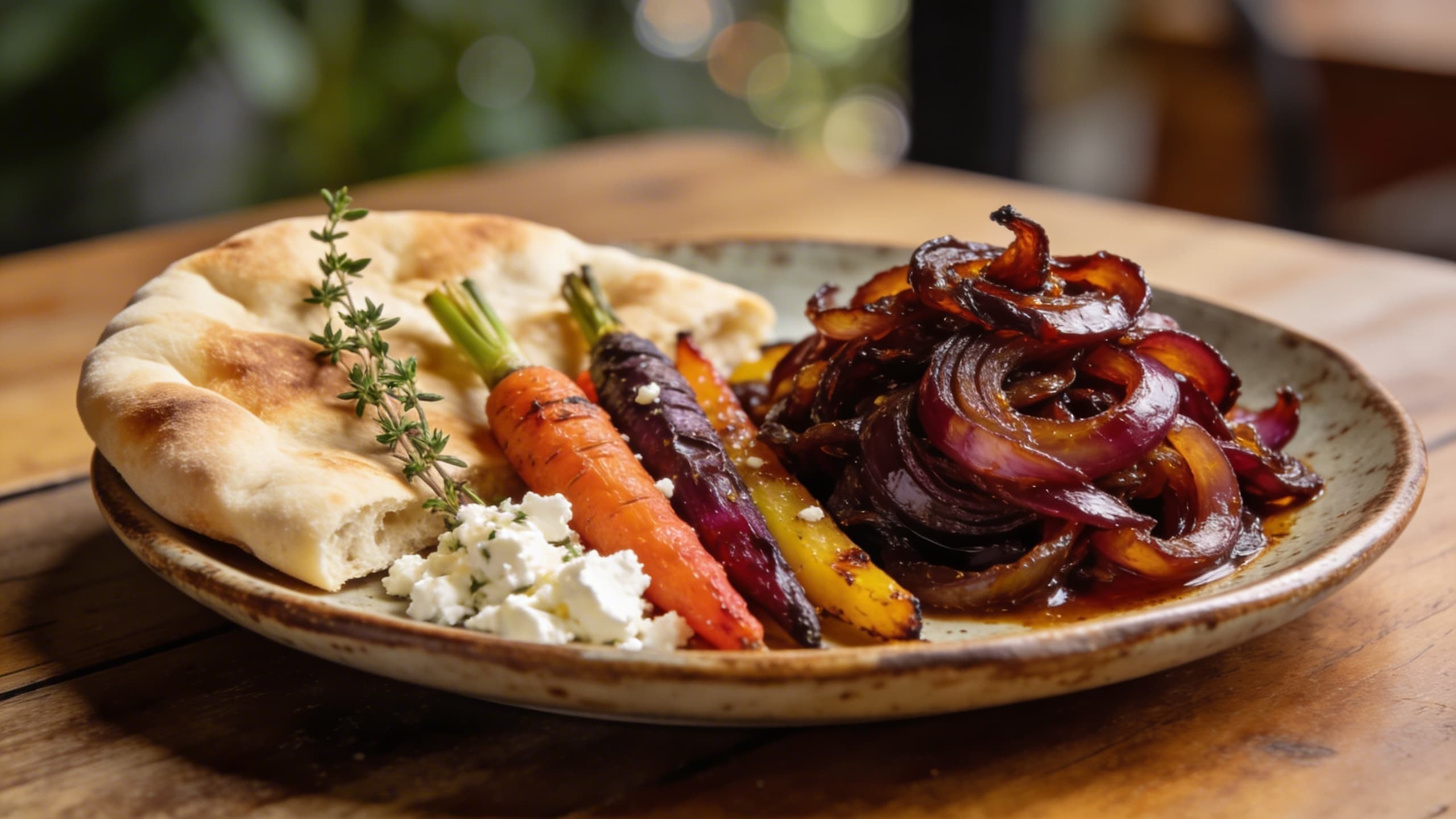 A beautiful Mediterranean platter featuring a heap of deep mahogany caramelized onions served alongside roasted carrots, fresh feta cheese, and warm pita bread.