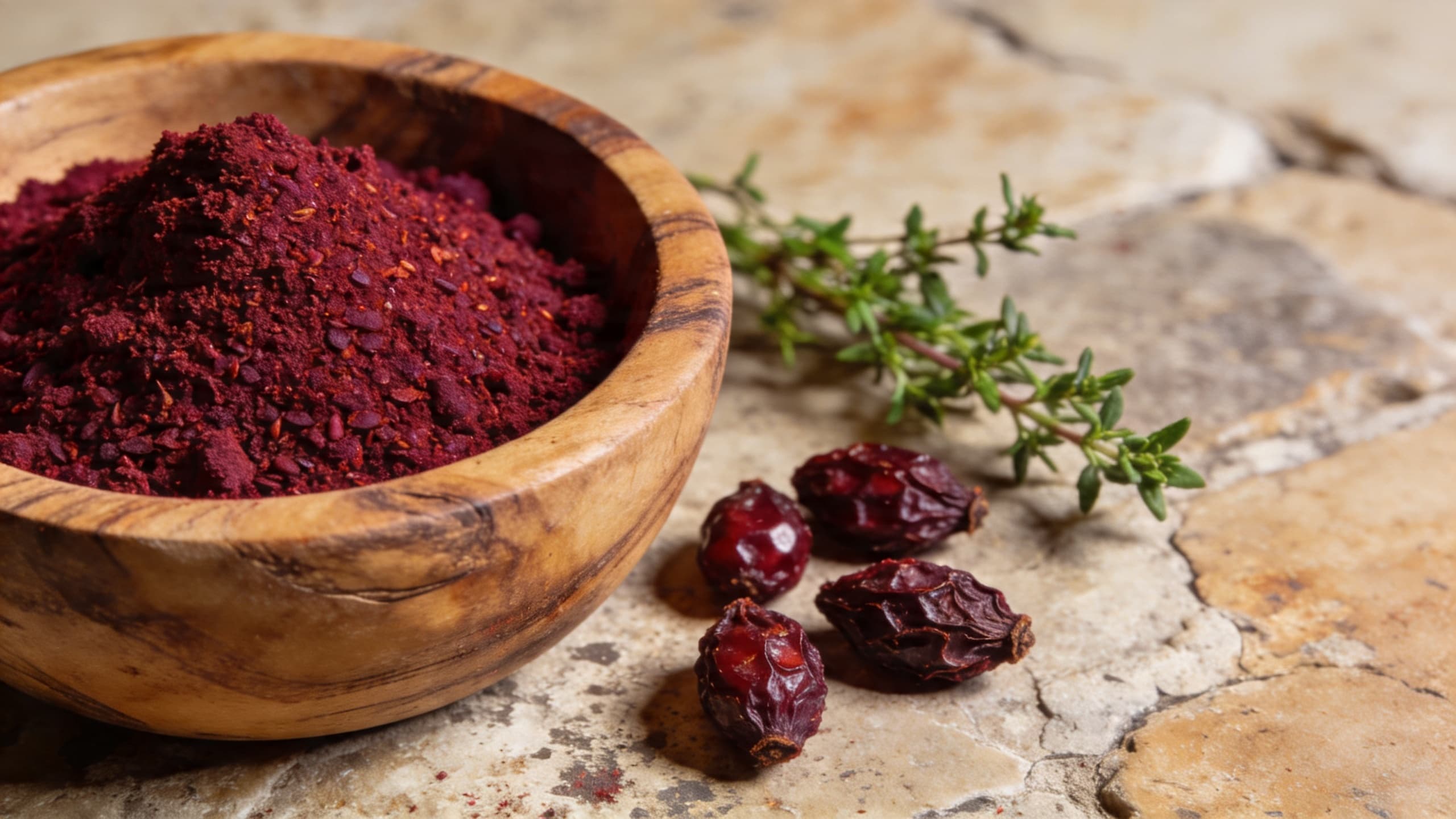 Bright crimson sumac powder in a rustic wooden bowl, showcasing its coarse texture and vibrant color.