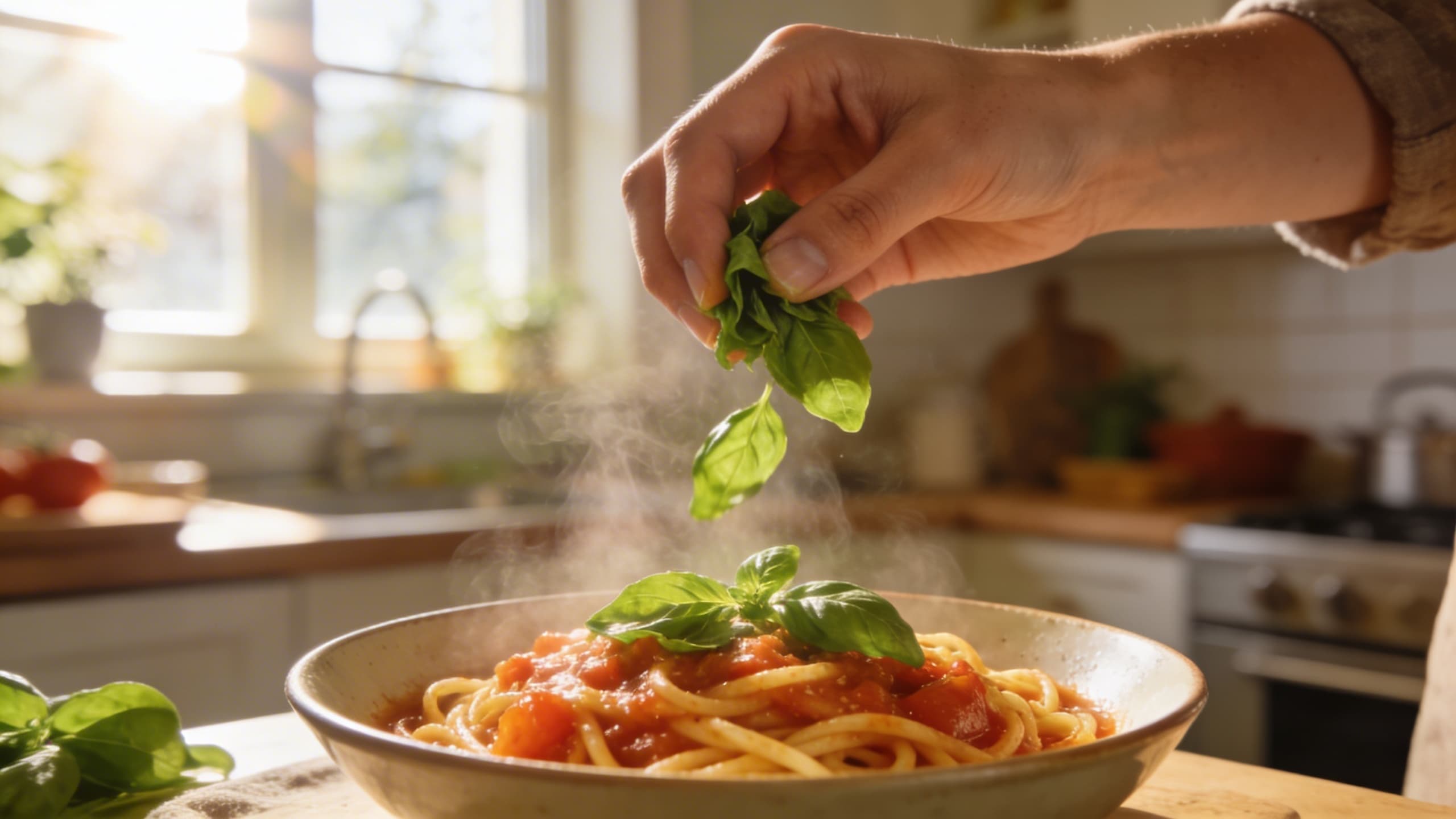 A close-up of hands gently tearing fresh green basil leaves over a steaming bowl of tomato pasta, with sunlight streaming through a kitchen window.