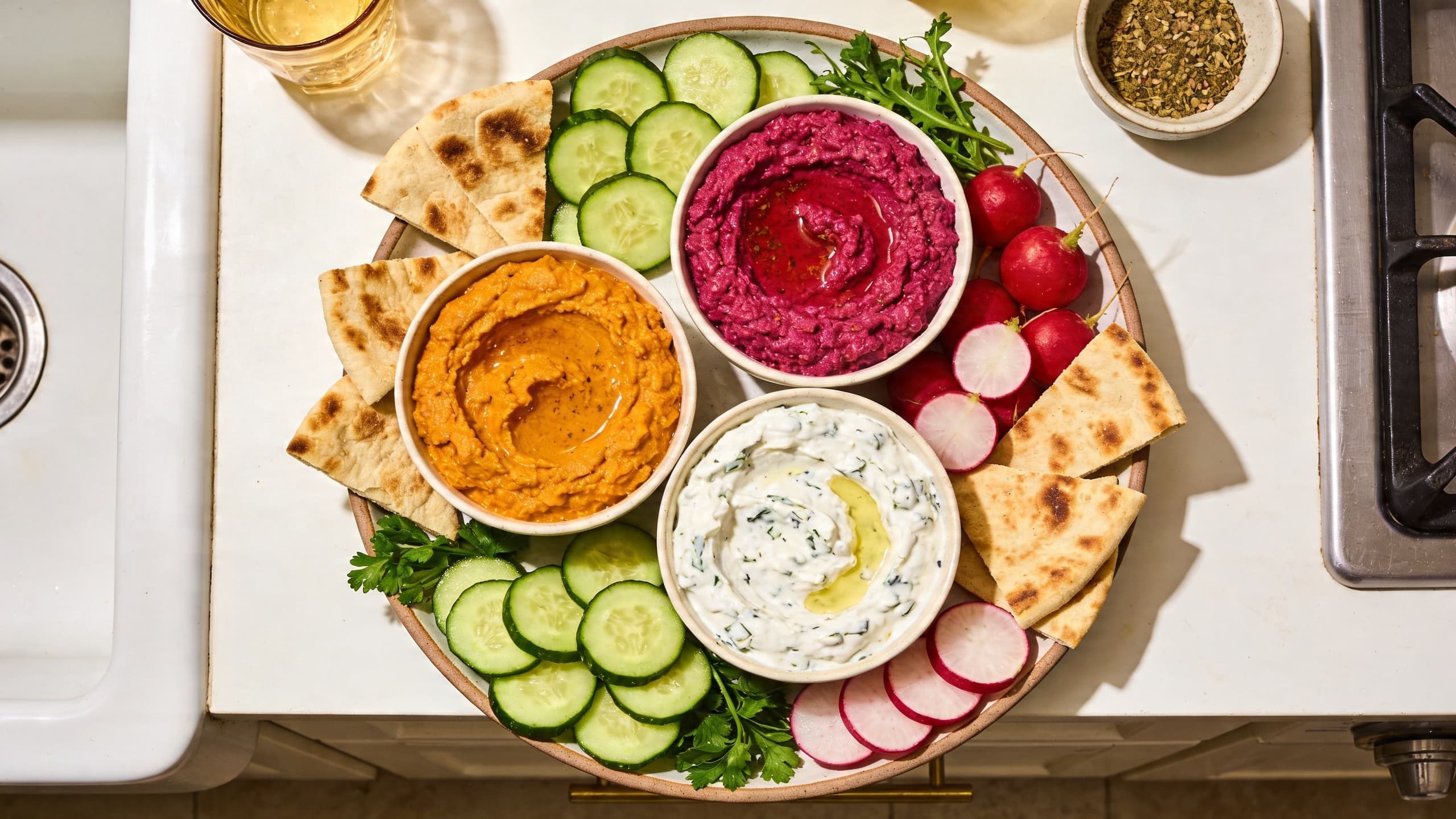 A vibrant Mediterranean platter with various colorful dips surrounded by crisp cucumbers, radishes, and toasted pita points.