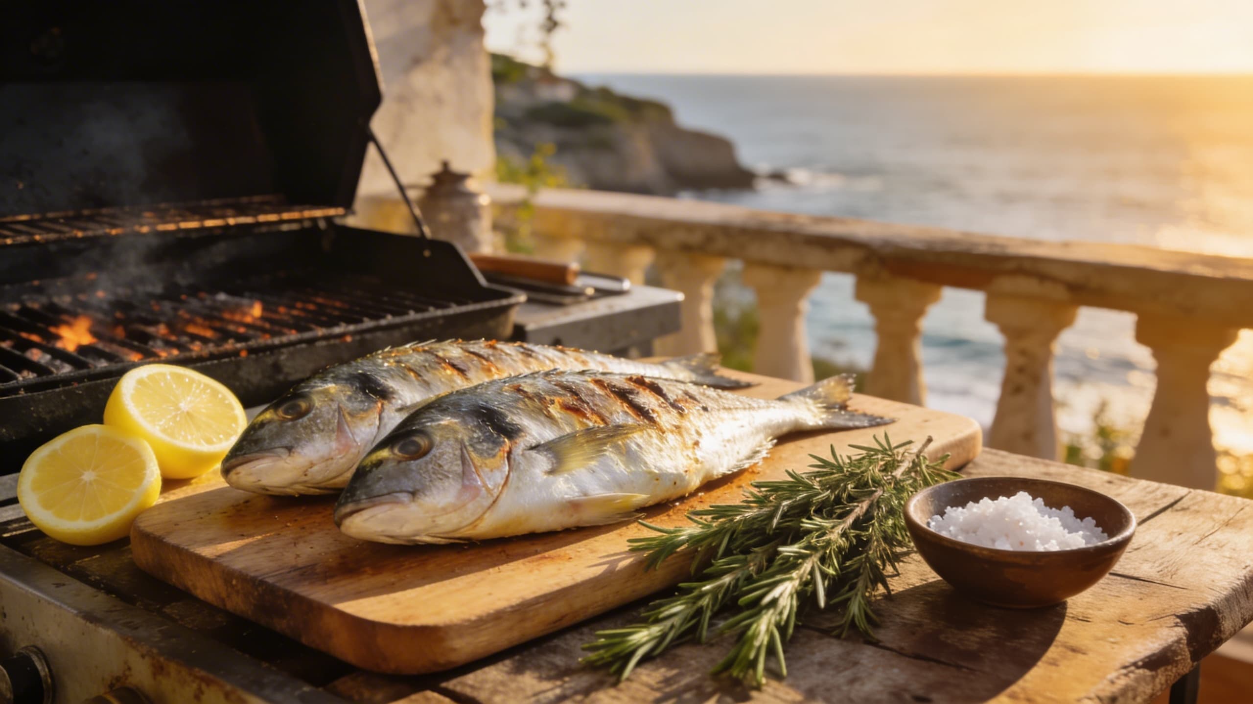A rustic outdoor grill setup with fresh whole fish, lemon halves, and sprigs of rosemary on a wooden board.