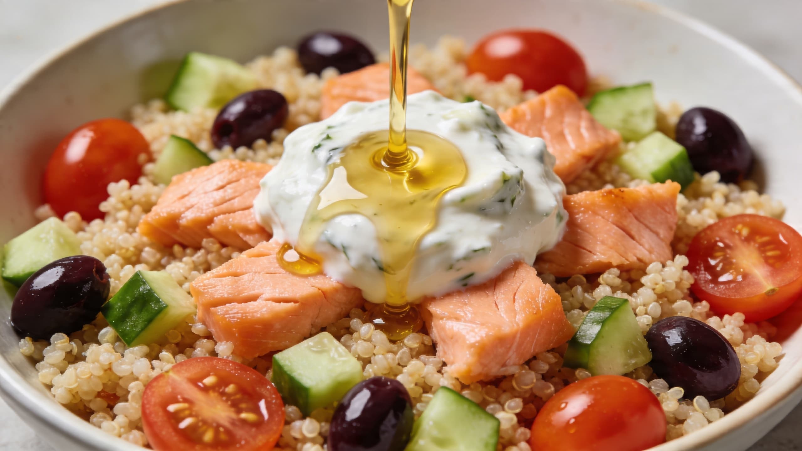 A vibrant Mediterranean bowl filled with colorful veggies, grains, and flaked fish, topped with a drizzle of olive oil and fresh herbs.