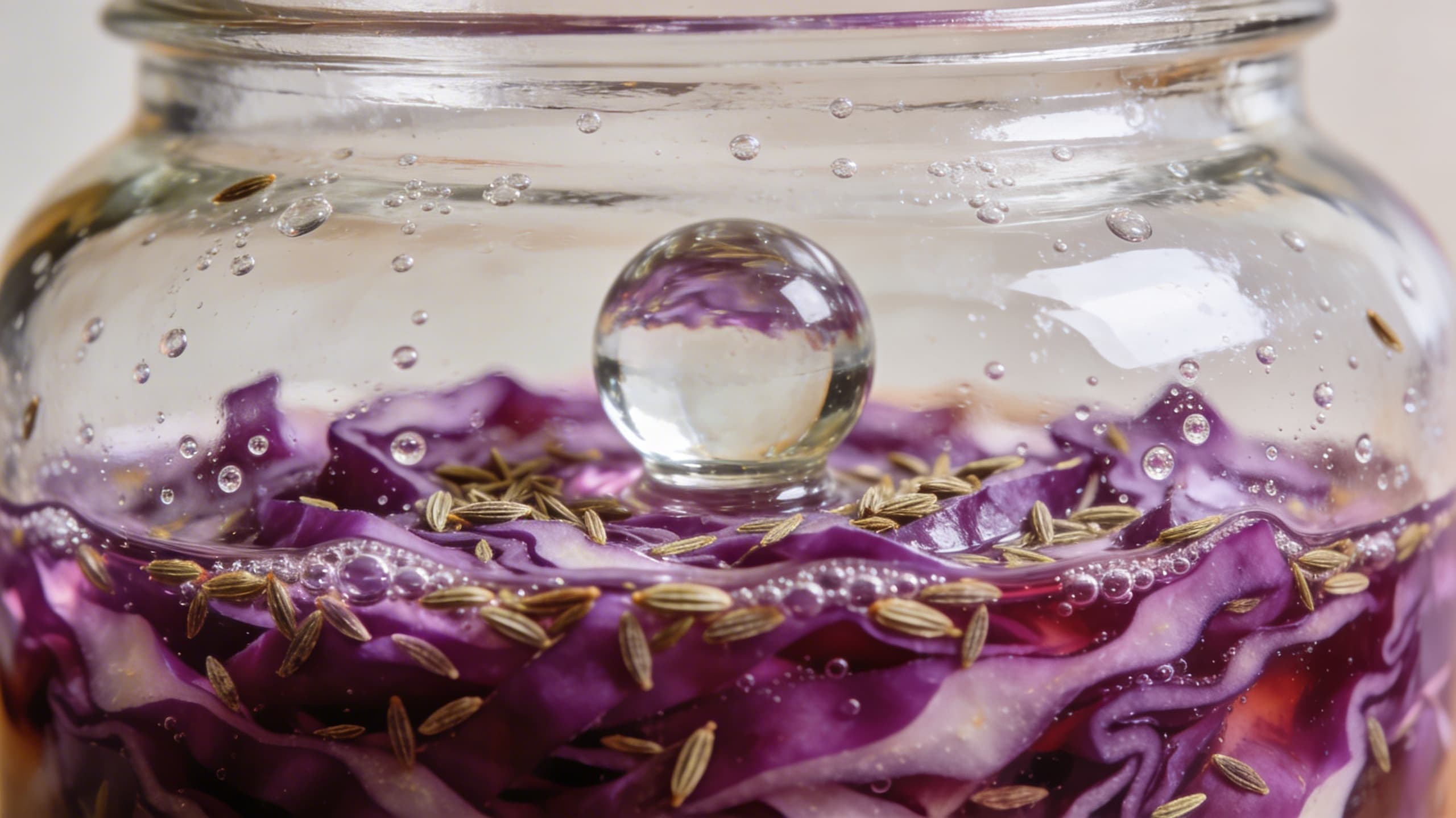 A close-up of a glass jar filled with purple cabbage and caraway seeds, showing tiny bubbles of fermentation