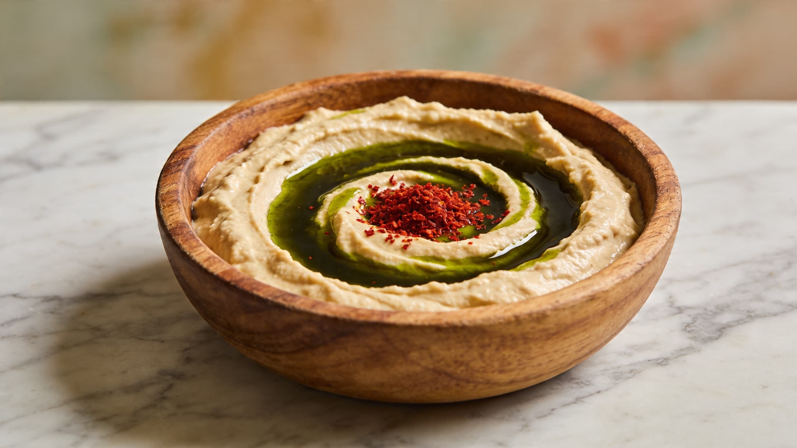 A close-up shot of a rustic wooden bowl filled with creamy hummus, topped with a generous, swirling pool of deep green finishing olive oil and a sprinkle of bright red sumac.