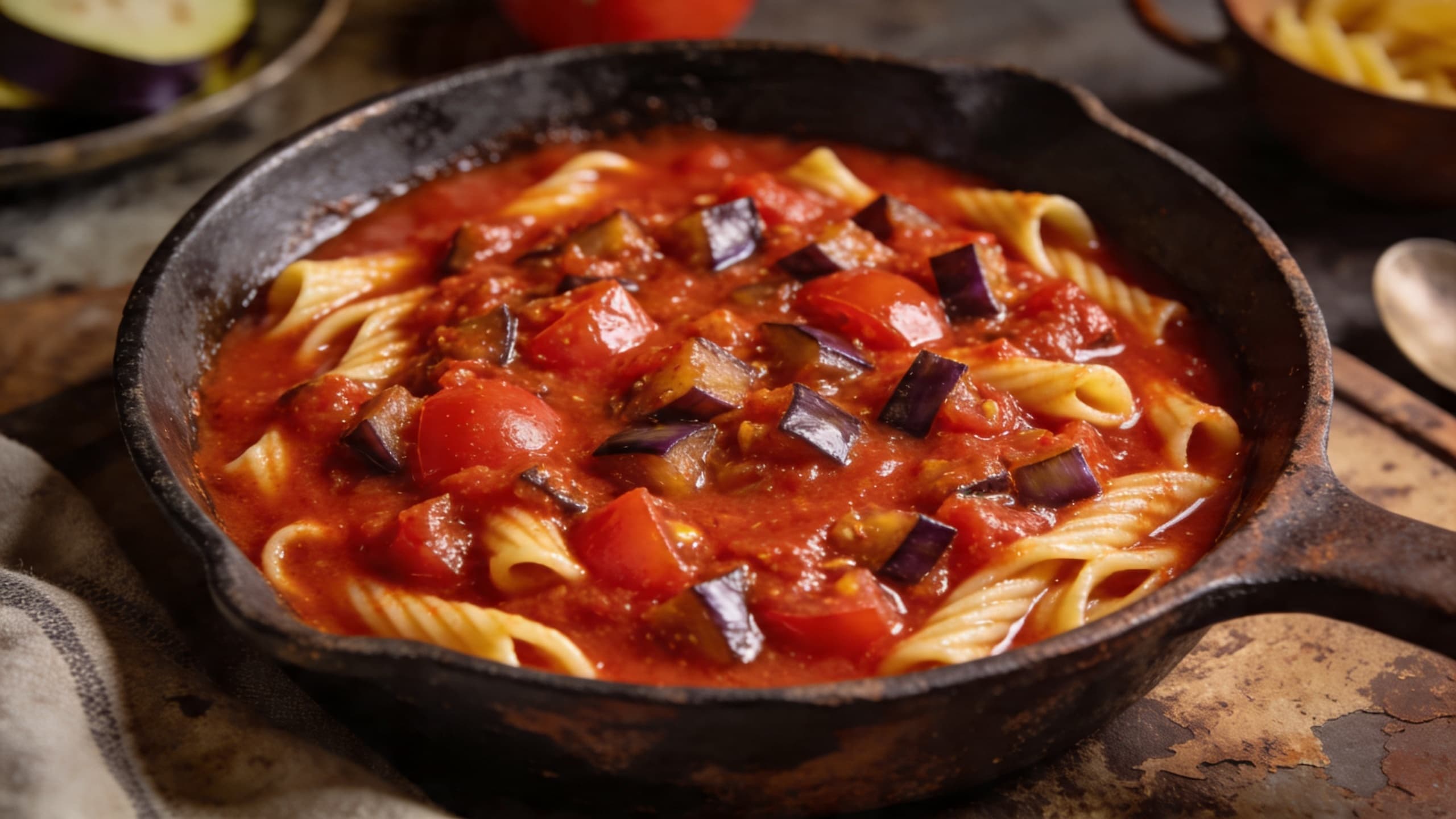 A close-up of a rich, red pasta sauce where finely diced eggplant has melted into the tomatoes, creating a thick, velvety texture.