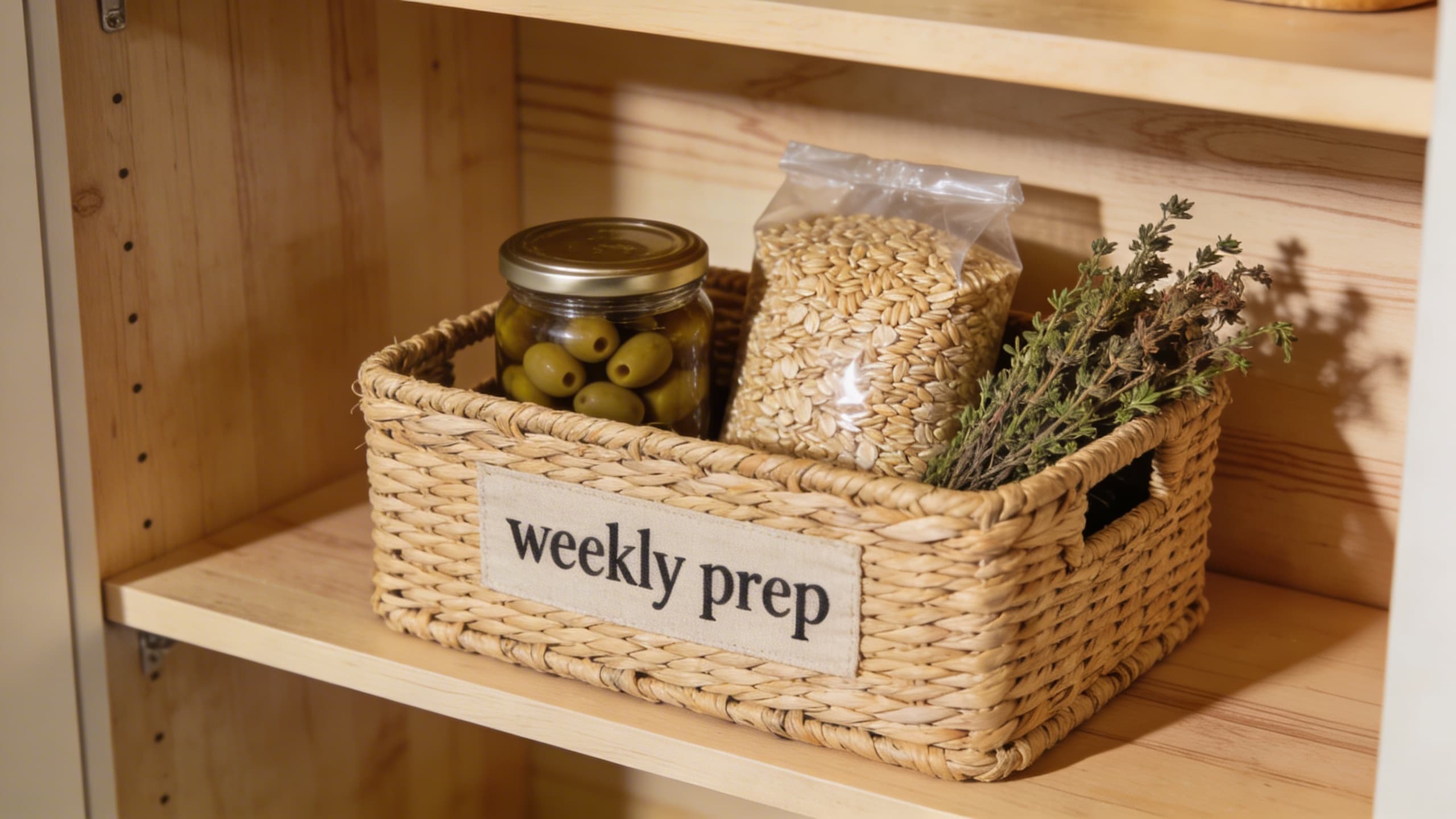 Image 2: A close-up of a "weekly prep" basket containing a jar of olives, a bag of farro, and a bunch of dried herbs, sitting on a clean wooden pantry shelf.