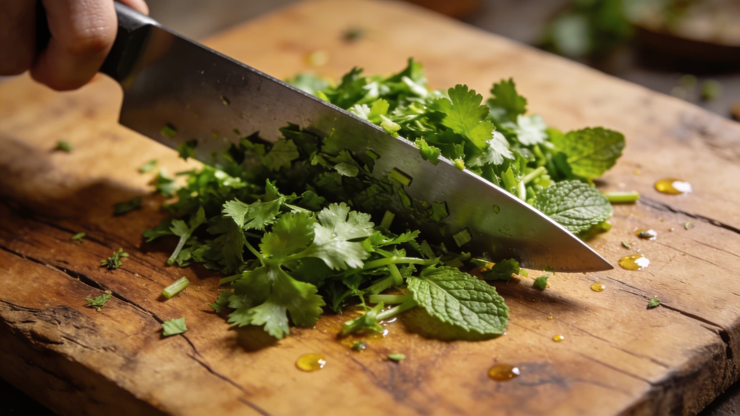Close-up of a sharp chef's knife finely mincing a mix of vibrant green flat-leaf parsley and mint on a rustic wooden cutting board.
