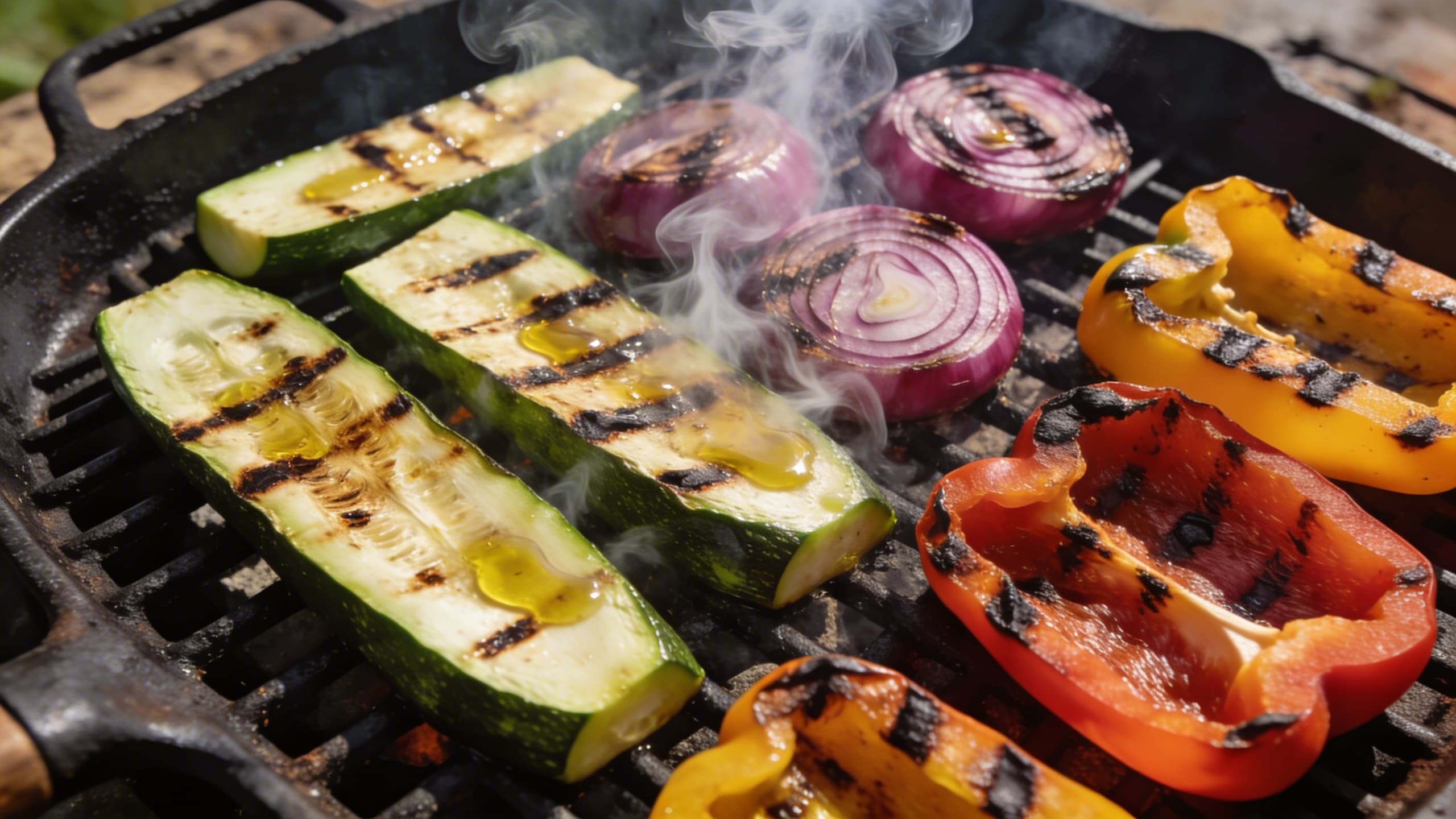 A colorful array of bell peppers, zucchini, and red onions with perfect char marks on a rustic grill grate.