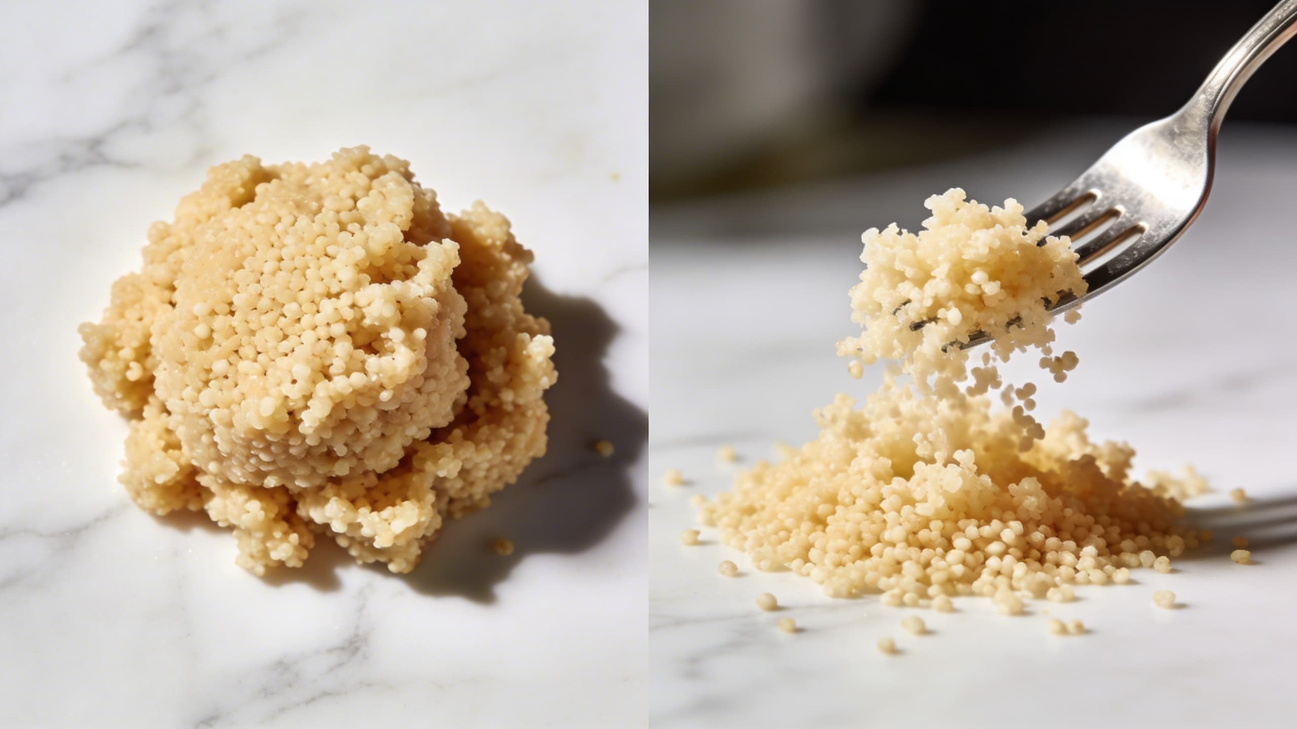 A before and after comparison: one bowl showing clumped, sticky couscous and the other showing light, airy, and fluffy grains.