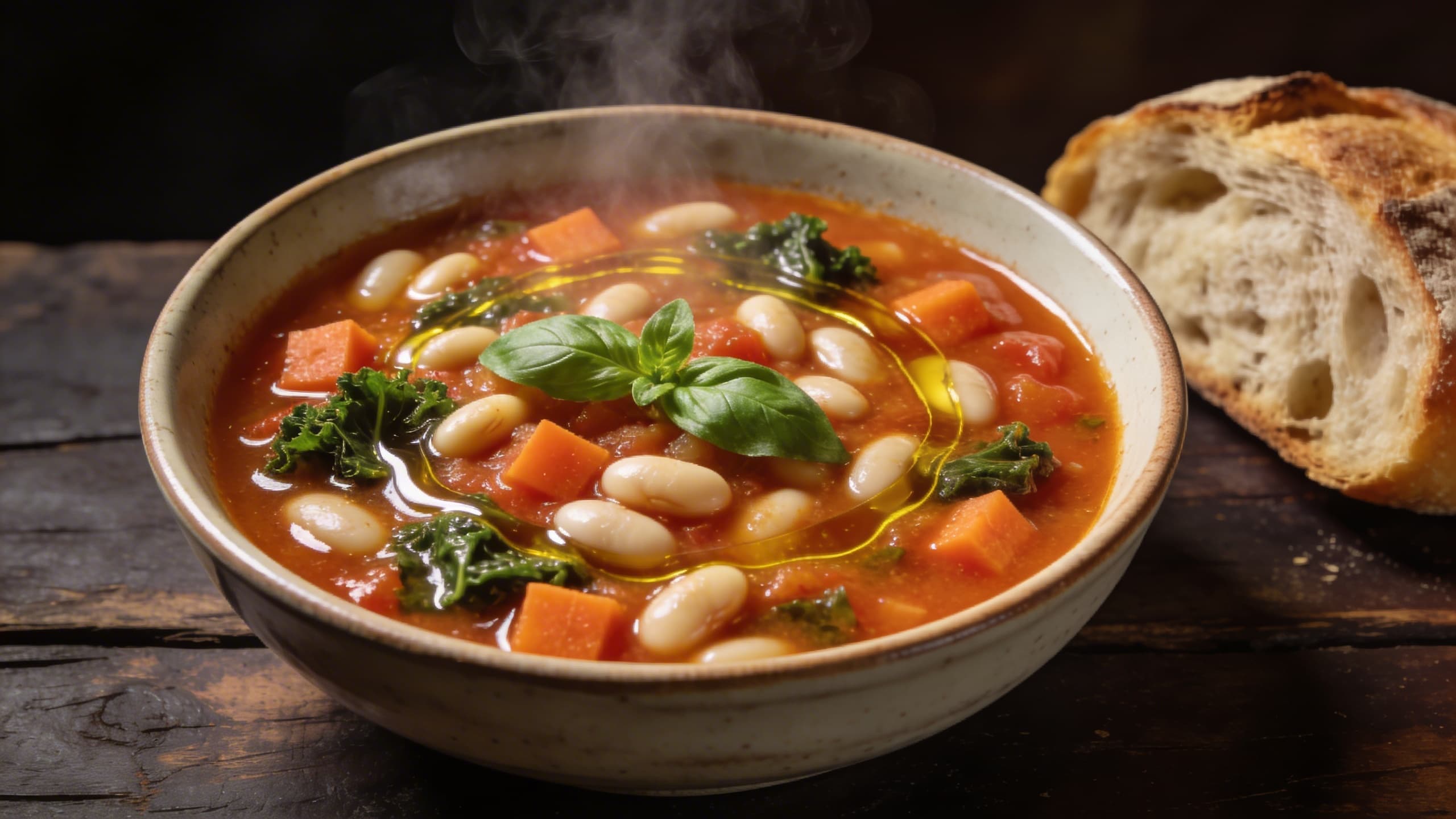 A steaming bowl of vibrant tomato and white bean soup, garnished with a swirl of olive oil and fresh basil, sitting on a rustic wooden table.