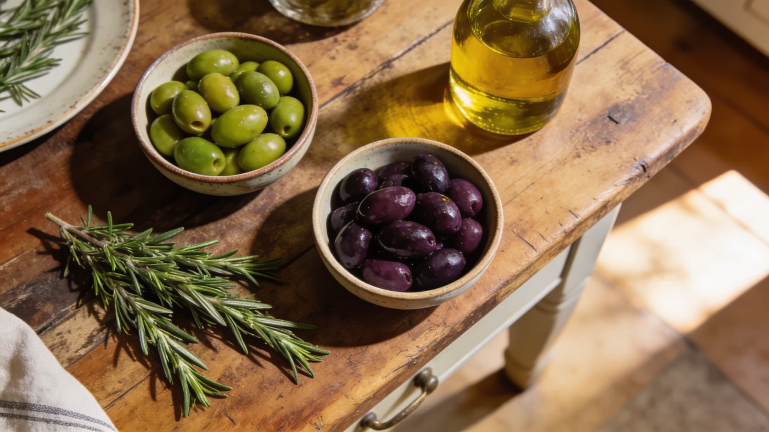 A rustic wooden table set with bowls of various olives, fresh rosemary, and a bottle of golden olive oil.