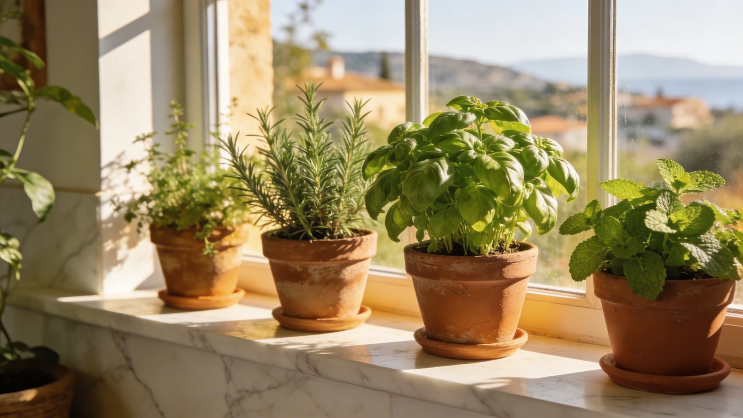 A lush, sun-drenched indoor herb garden with terracotta pots filled with thriving basil, rosemary, and mint sitting on a white marble windowsill.