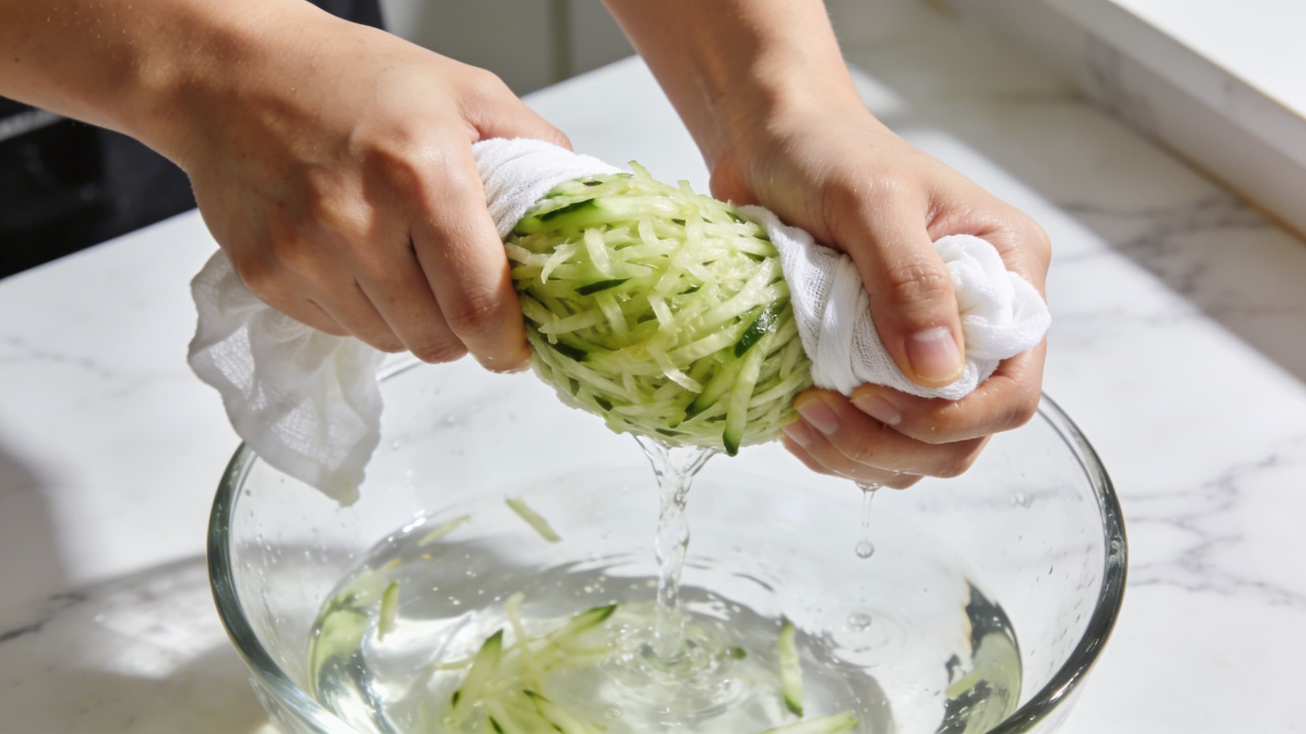 Image 1: A close-up shot of hands squeezing a bundle of grated cucumber in a white cheesecloth, with clear water dripping into a glass bowl below.
