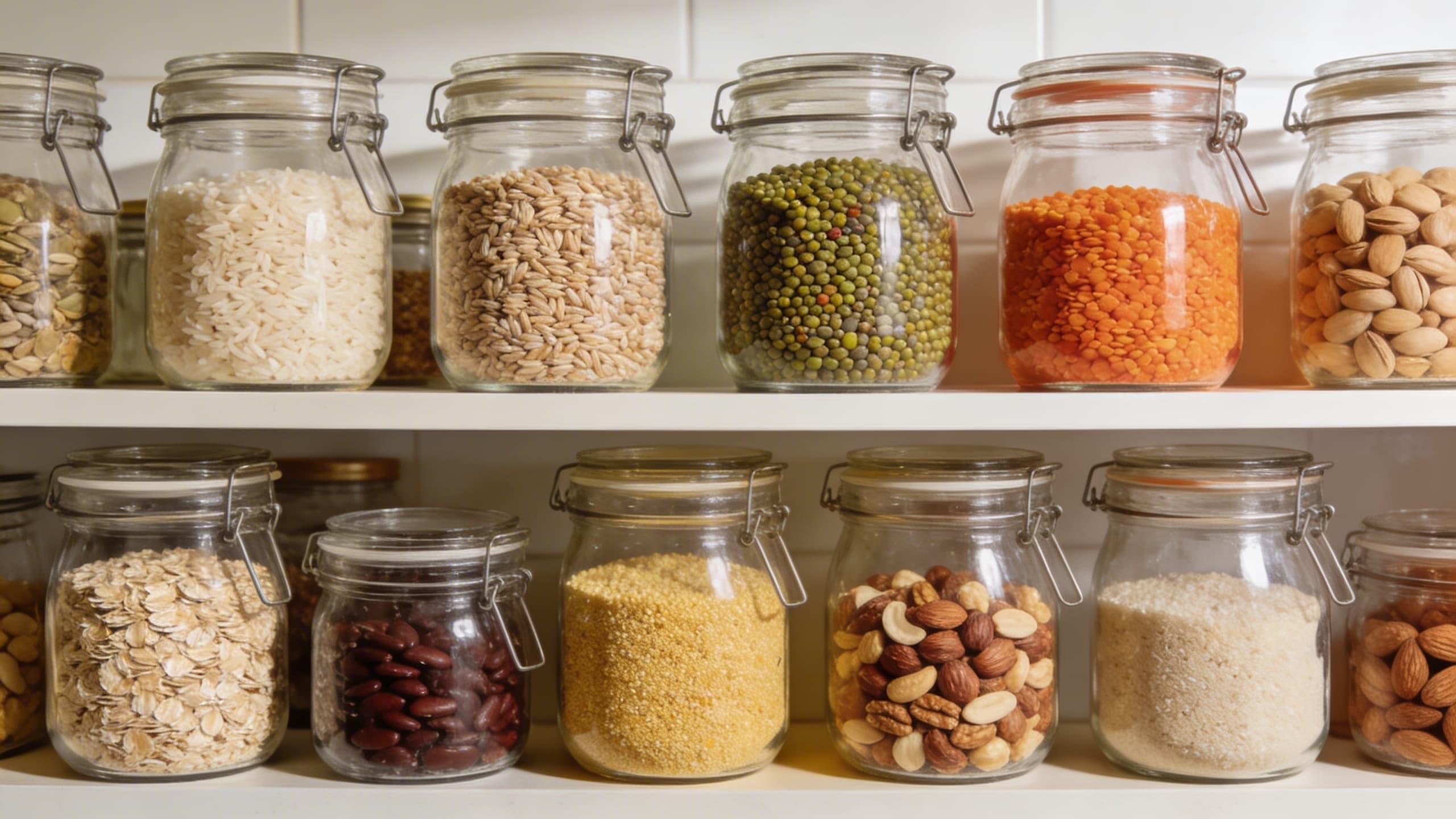 Image 1: A beautifully organized Mediterranean pantry with uniform glass jars filled with grains, lentils, and nuts, labeled with minimalist white text.