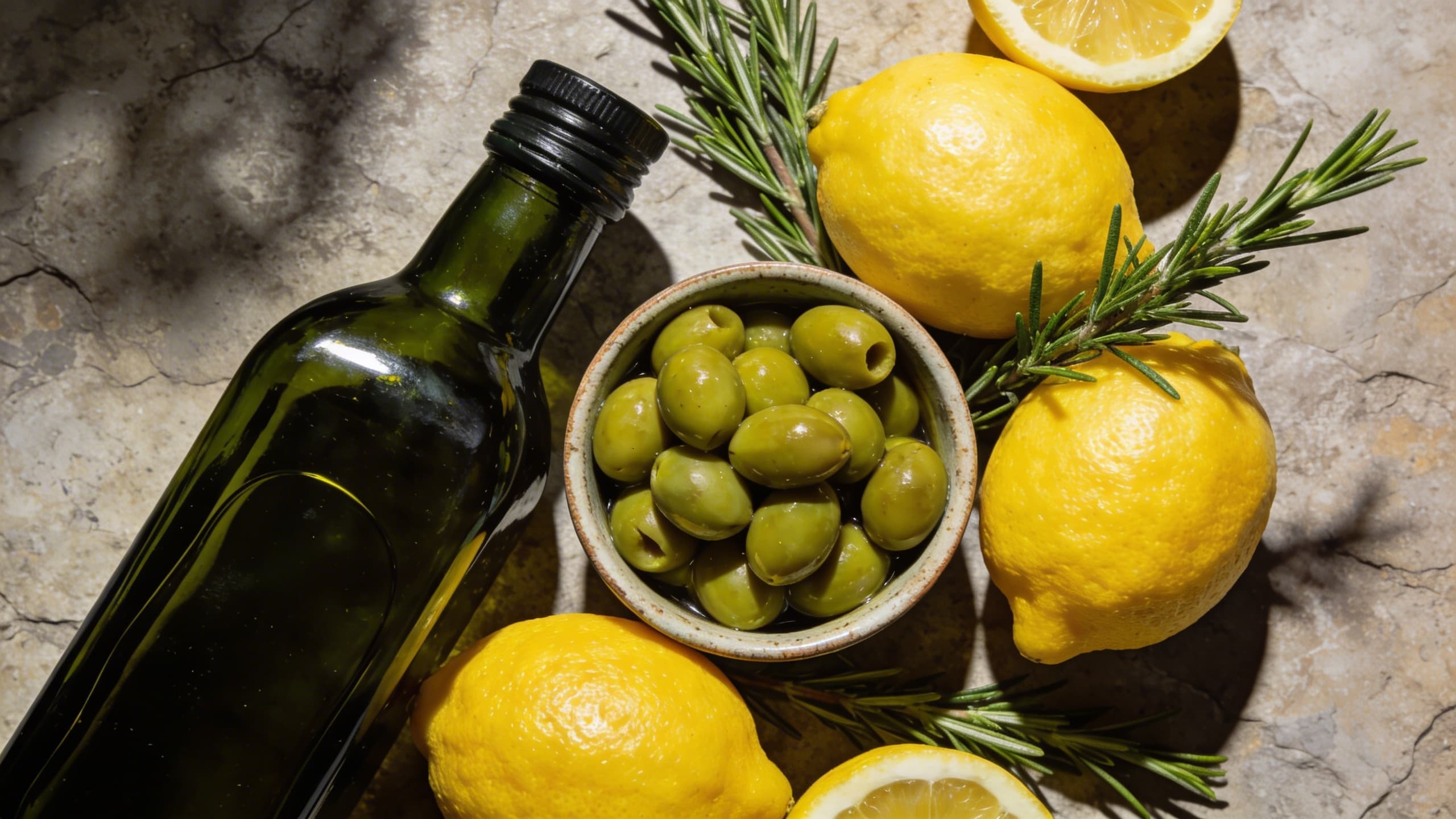 A close-up of a dark glass olive oil bottle nestled among fresh lemons and rosemary on a stone countertop