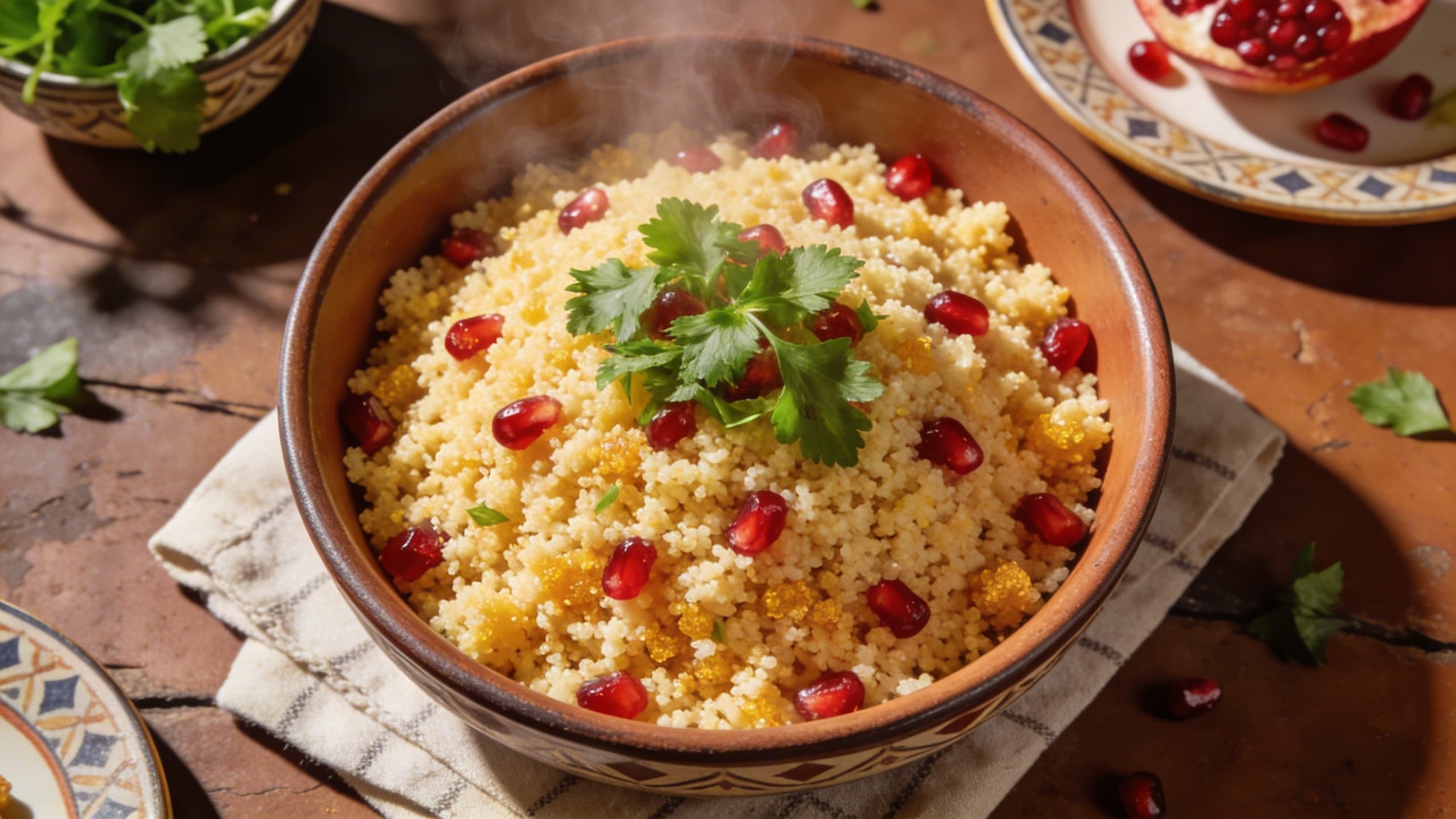 A steaming bowl of perfectly fluffy couscous topped with fresh parsley and pomegranate seeds