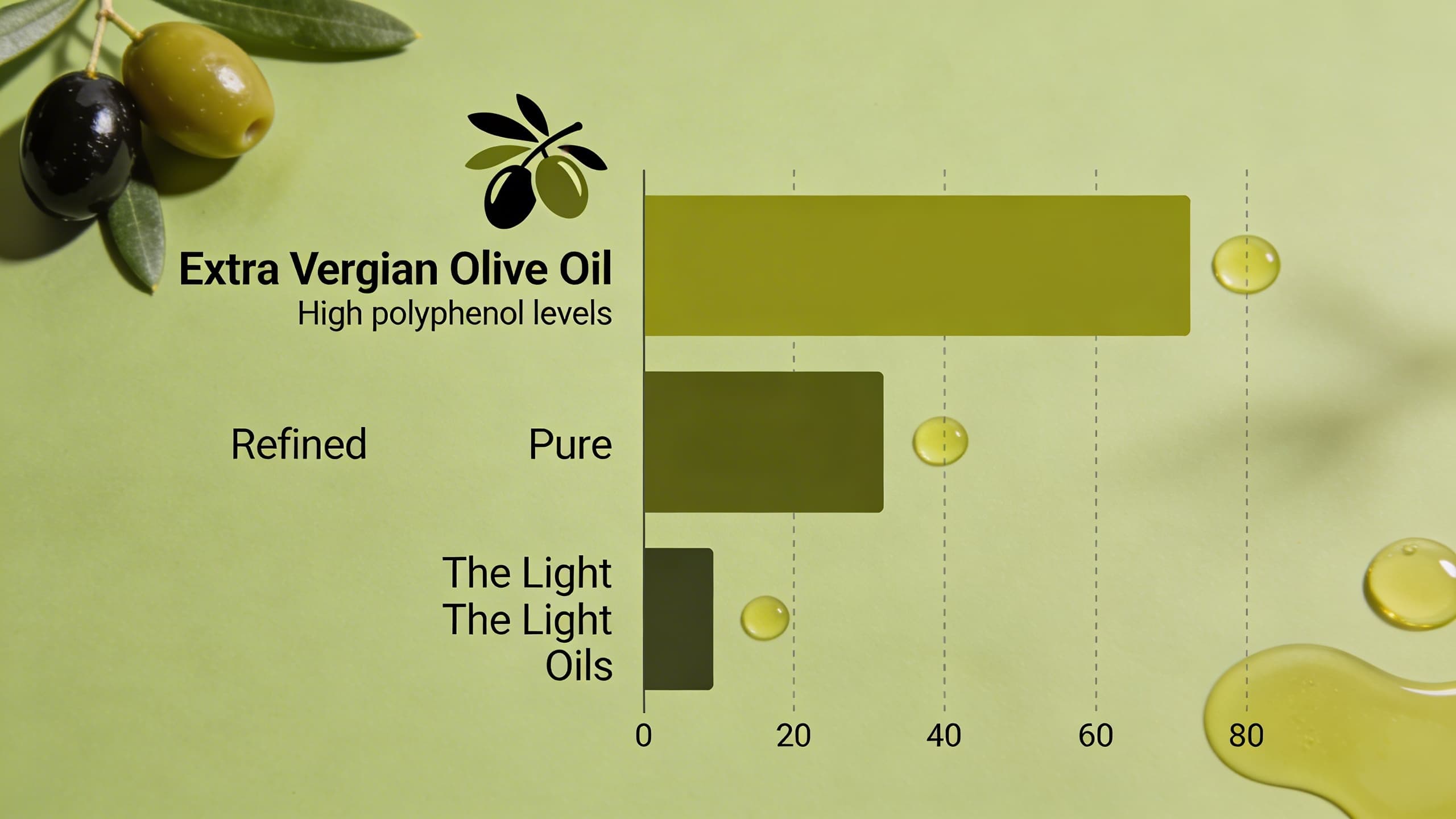 A colorful chart showing the polyphenol content in different grades of olive oil, highlighting the massive drop-off in refined oils.