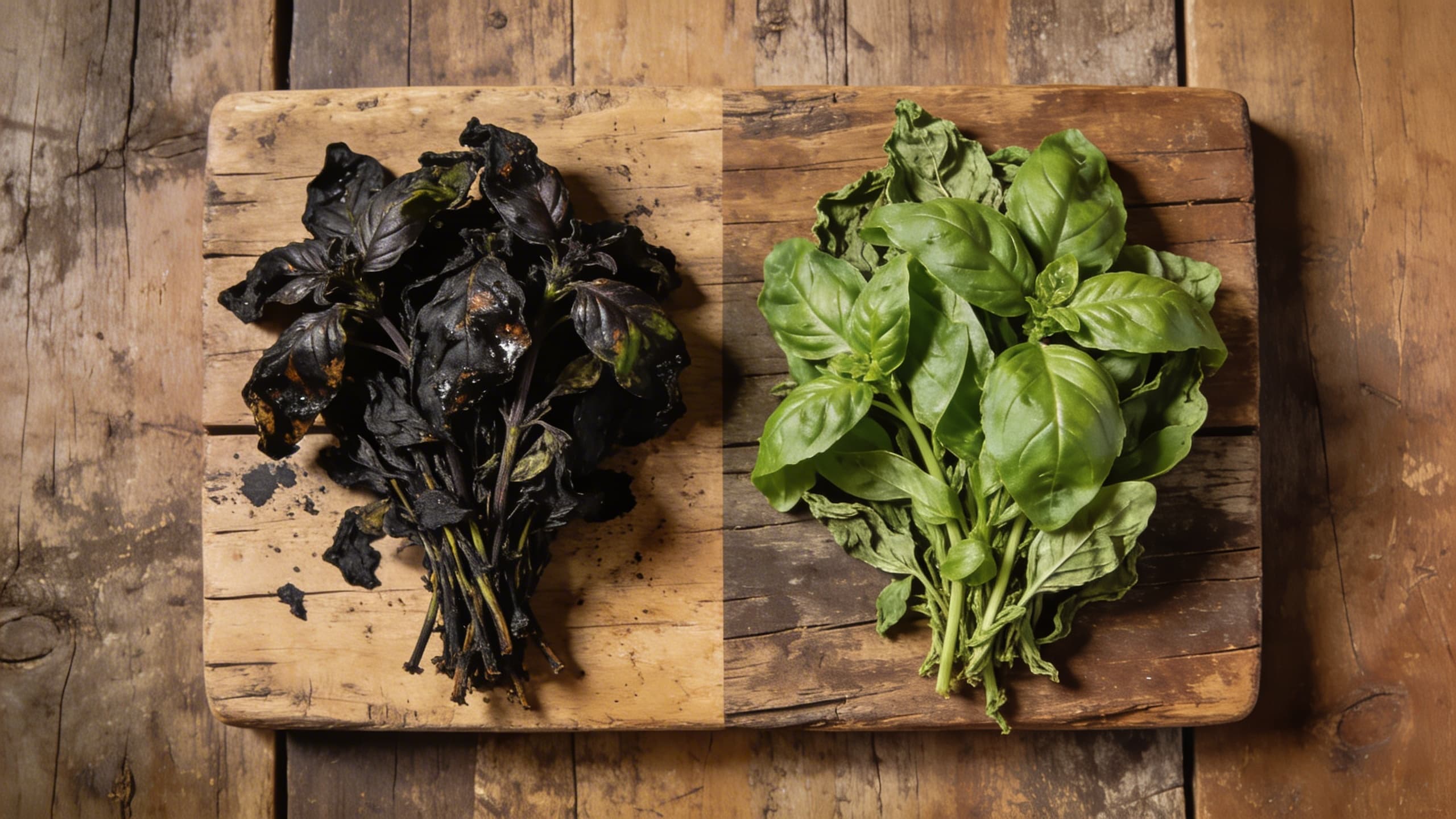 A side-by-side comparison: on the left, a bunch of soggy, blackened basil; on the right, bright green, crisp basil leaves stored correctly after drying.