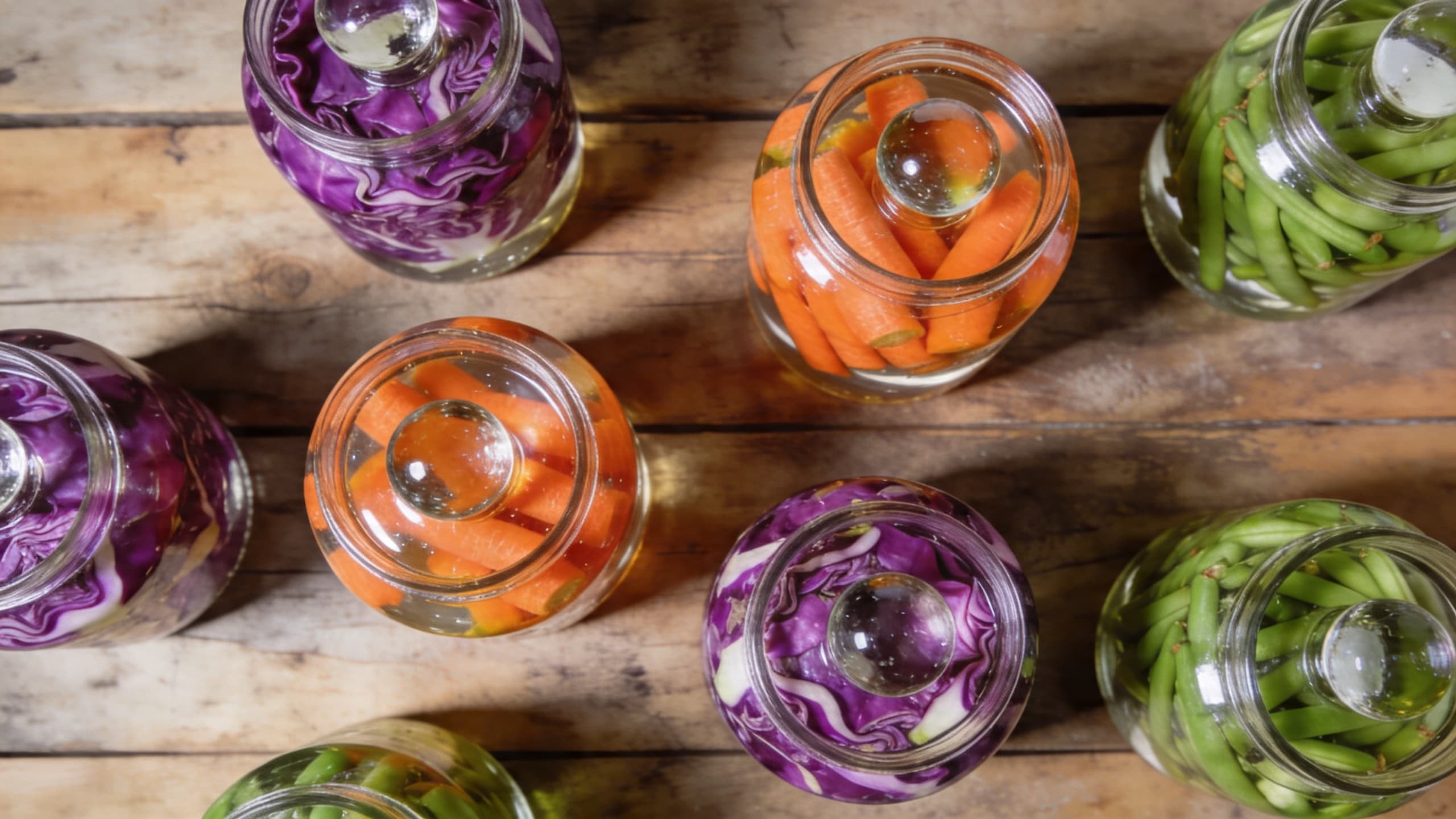 A beautiful array of glass jars filled with colorful fermenting vegetables—purple cabbage, orange carrots, and green beans—all submerged under clear brine with glass weights visible at the top.