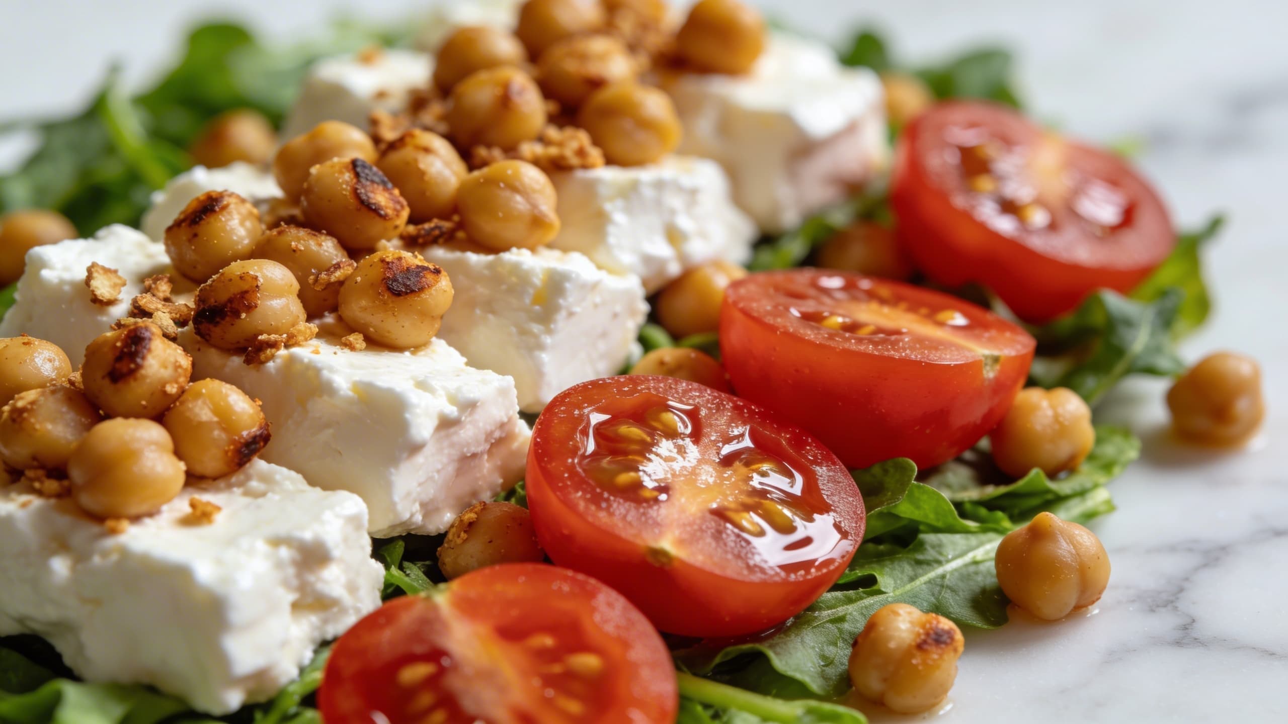 A close-up of a Mediterranean salad build showing layers of texture: creamy feta chunks, crunchy toasted chickpeas, and juicy cherry tomato halves.