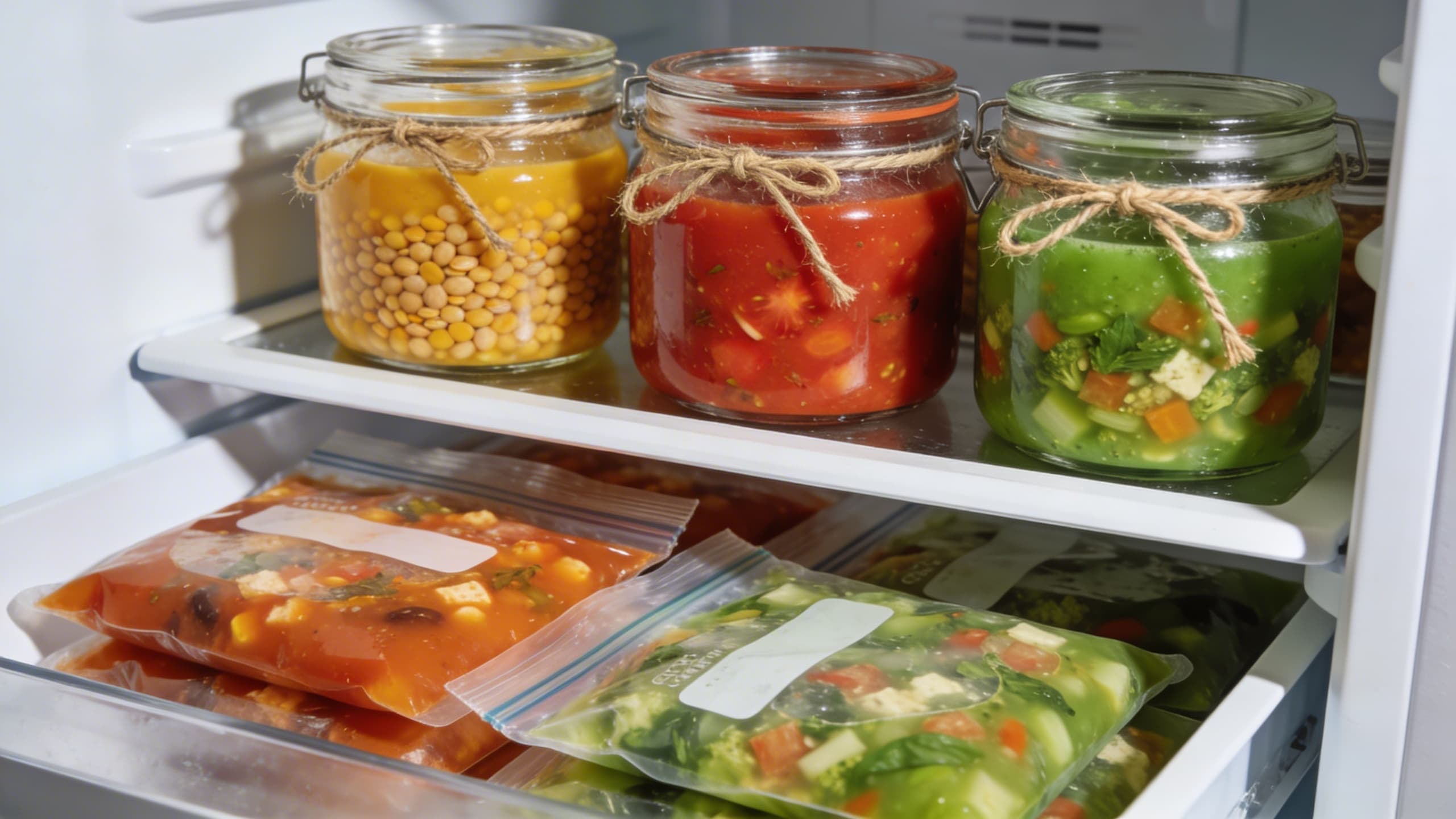 A beautifully organized freezer stocked with labeled glass jars of vibrant Mediterranean soups.