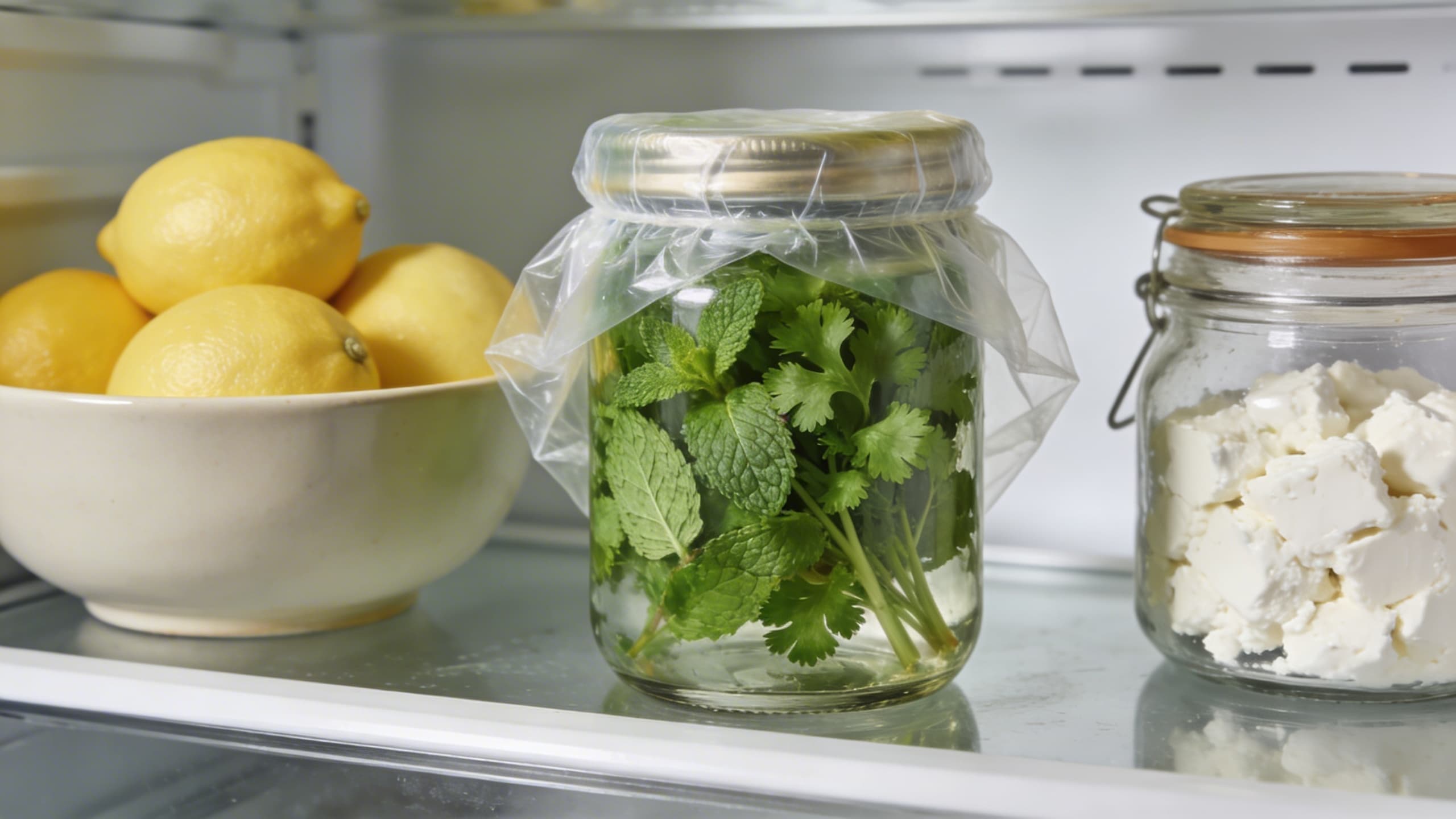 A close-up of a glass jar containing fresh mint and parsley, covered loosely with a clear bag, sitting on a refrigerator shelf next to a bowl of lemons.