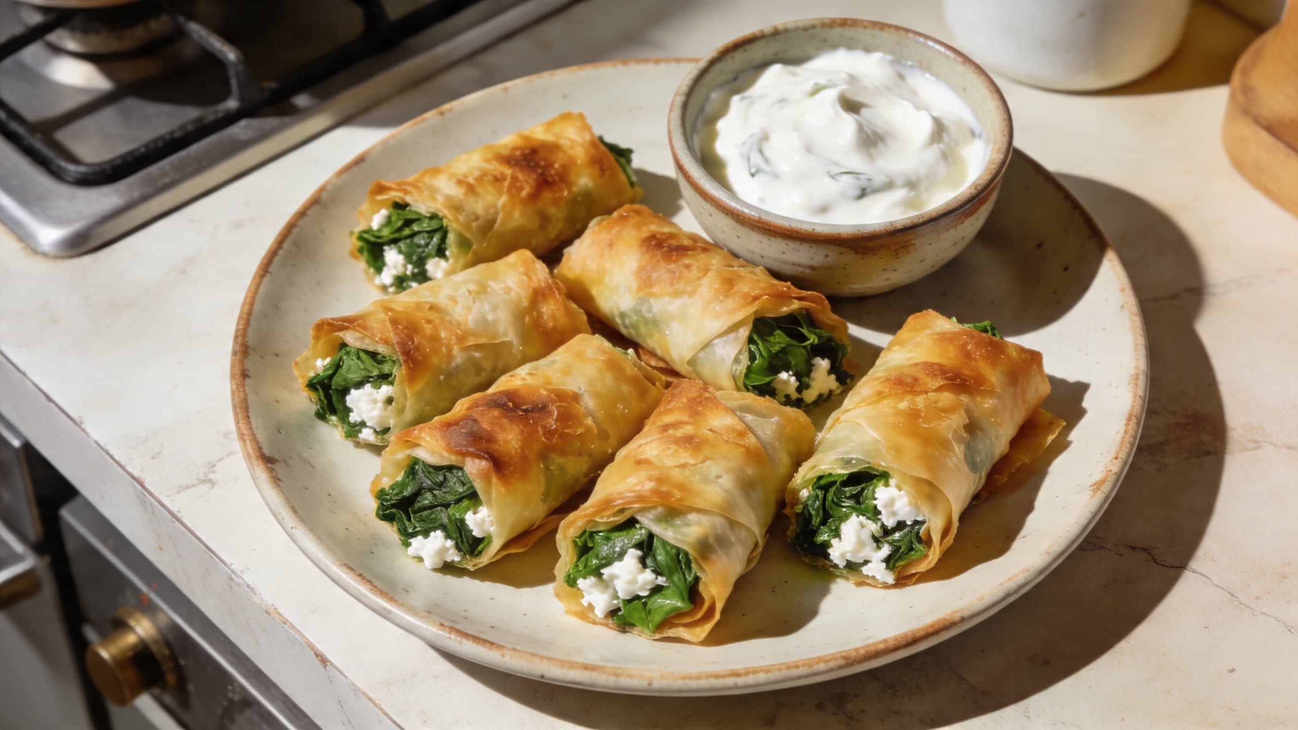 A plate of golden-brown, crispy phyllo rolls stuffed with a vibrant green spinach and white feta filling, served with a side of creamy yogurt dip.