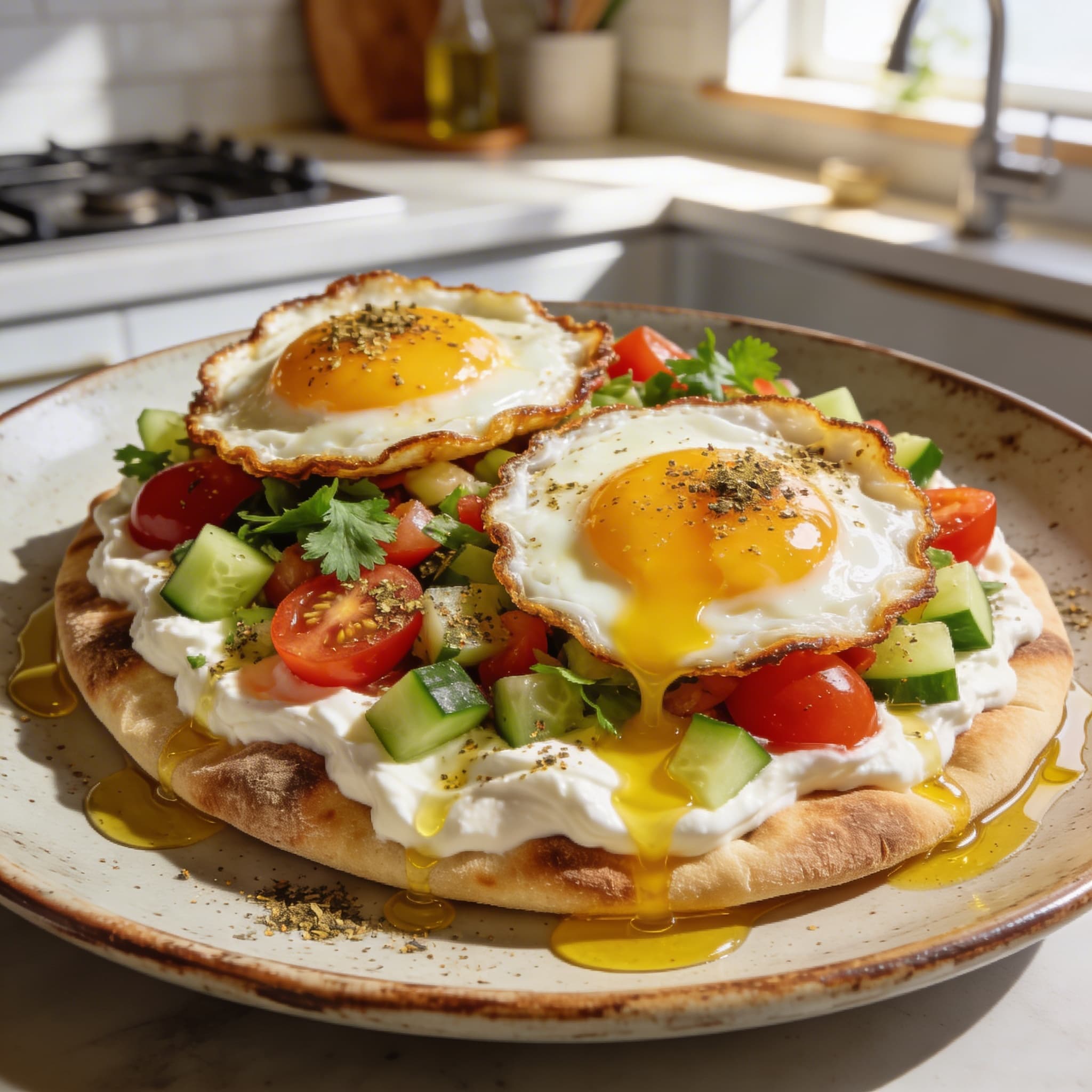 Crispy Olive Oil Eggs with Za'atar & Labneh