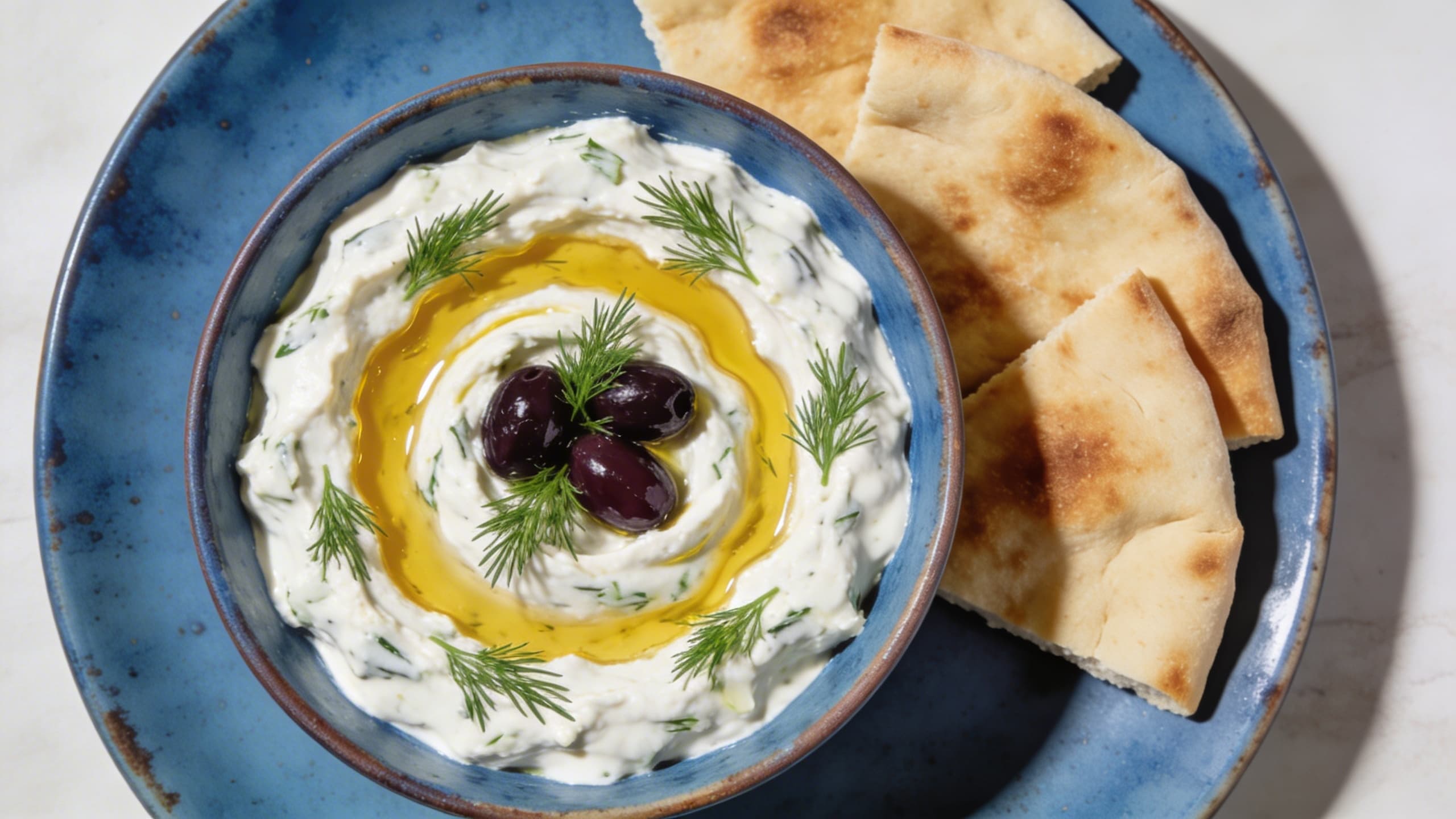 Image 2: A vibrant, beautifully plated bowl of thick, creamy tzatziki topped with a swirl of golden olive oil, fresh dill sprigs, and a few kalamata olives, served with warm pita bread.