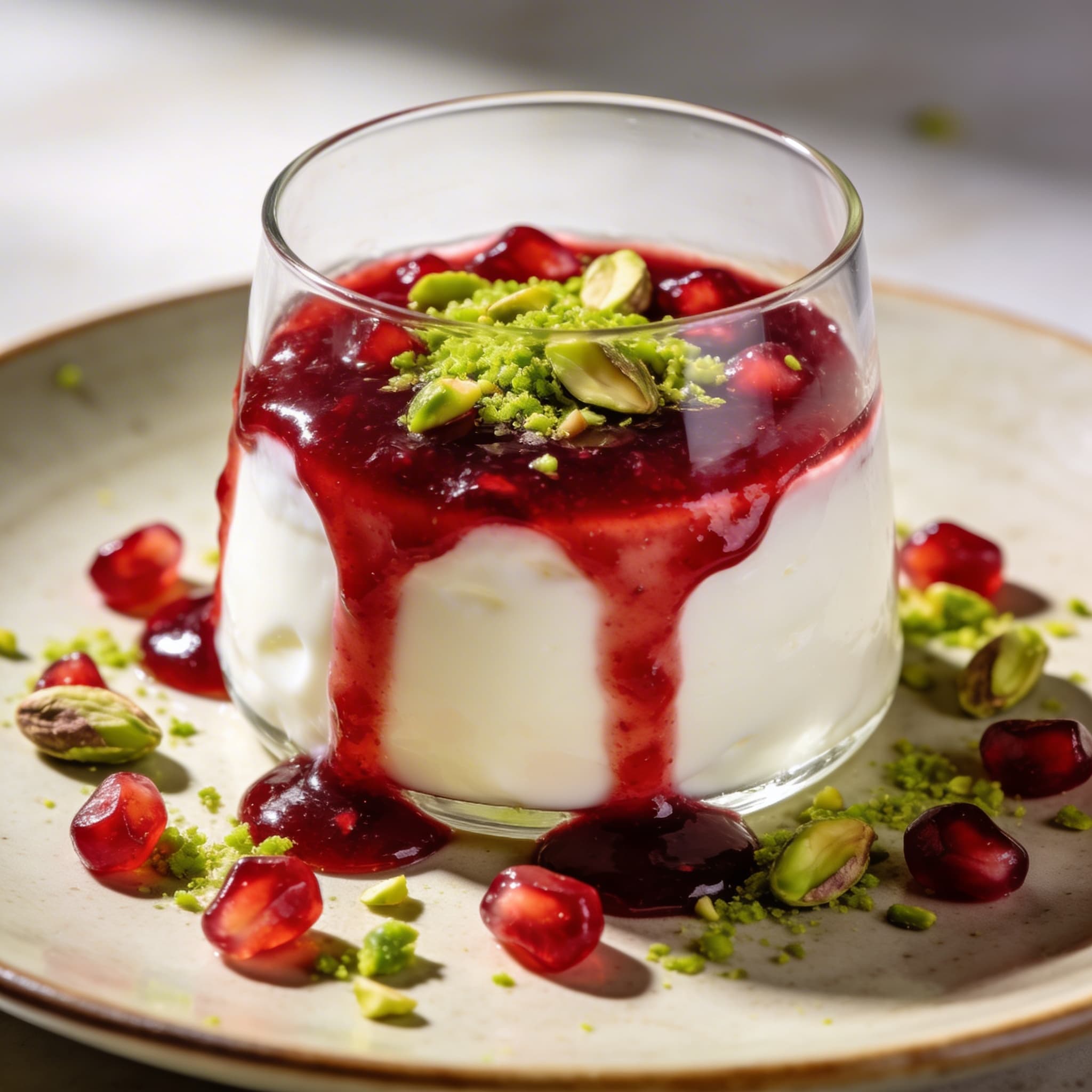 Honey Yogurt Panna Cotta with Pomegranate Glaze