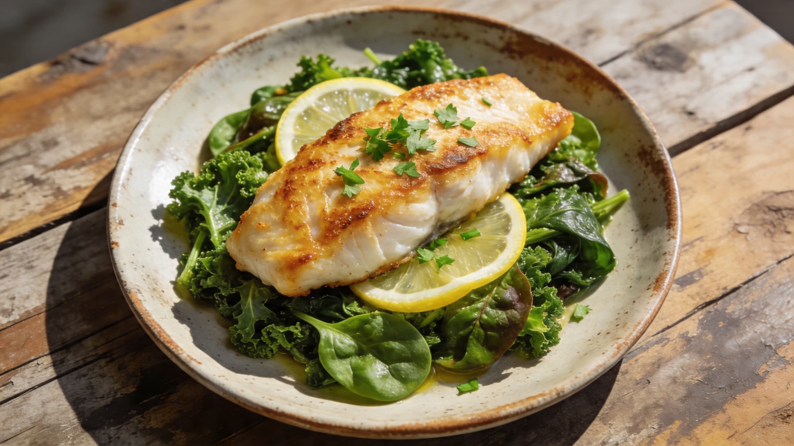 A perfectly golden, pan-seared piece of affordable white fish, seasoned with lemon and herbs, resting on a bed of sautéed greens.