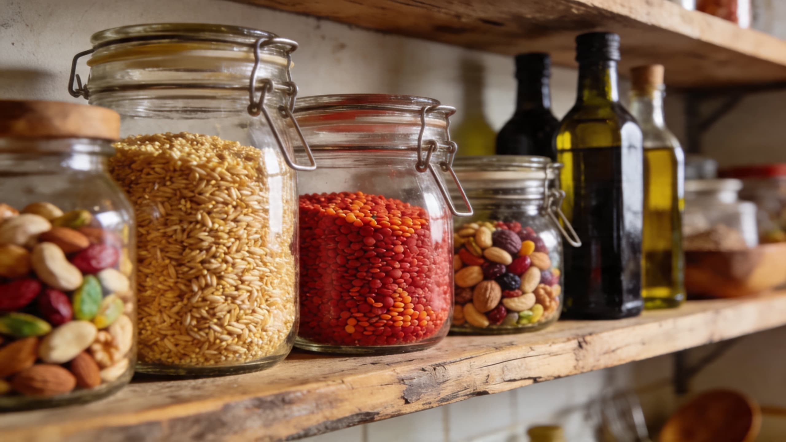 A perfectly staged Mediterranean pantry shelf with clear glass jars of grains, legumes, and nuts, labeled in elegant script, with bottles of olive oil in the background.