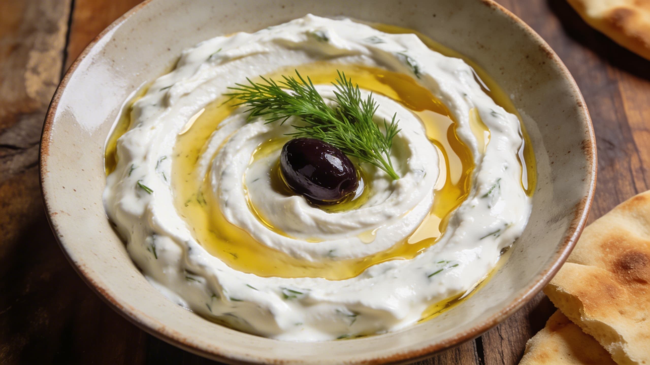 A beautiful ceramic bowl of thick, swirl-topped tzatziki garnished with a sprig of fresh dill, a single Kalamata olive, and a drizzle of golden olive oil.