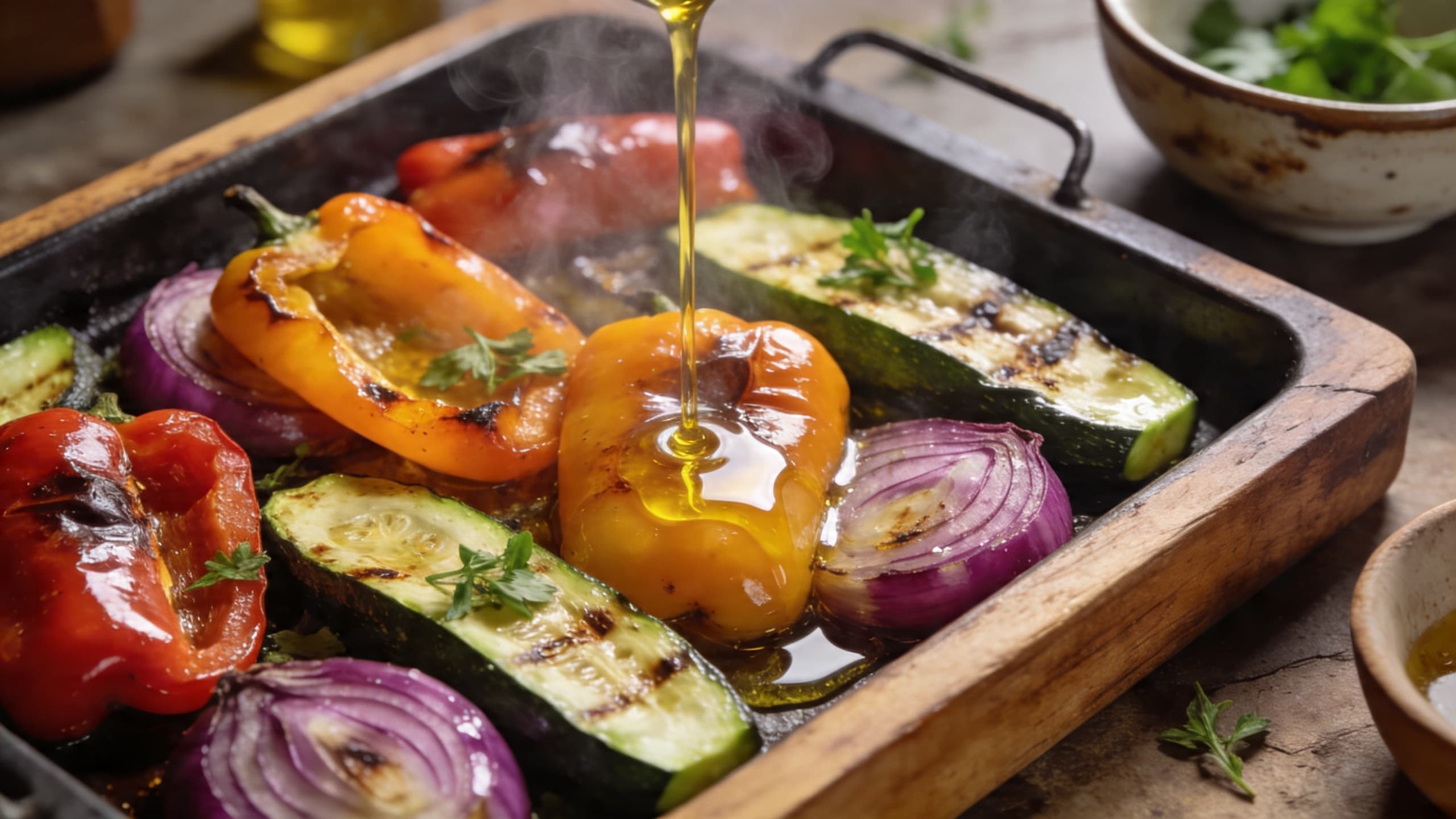 A vibrant tray of Mediterranean vegetables—bell peppers, zucchini, and red onions—glistening with a fresh drizzle of golden olive oil after being perfectly roasted in a hot oven.