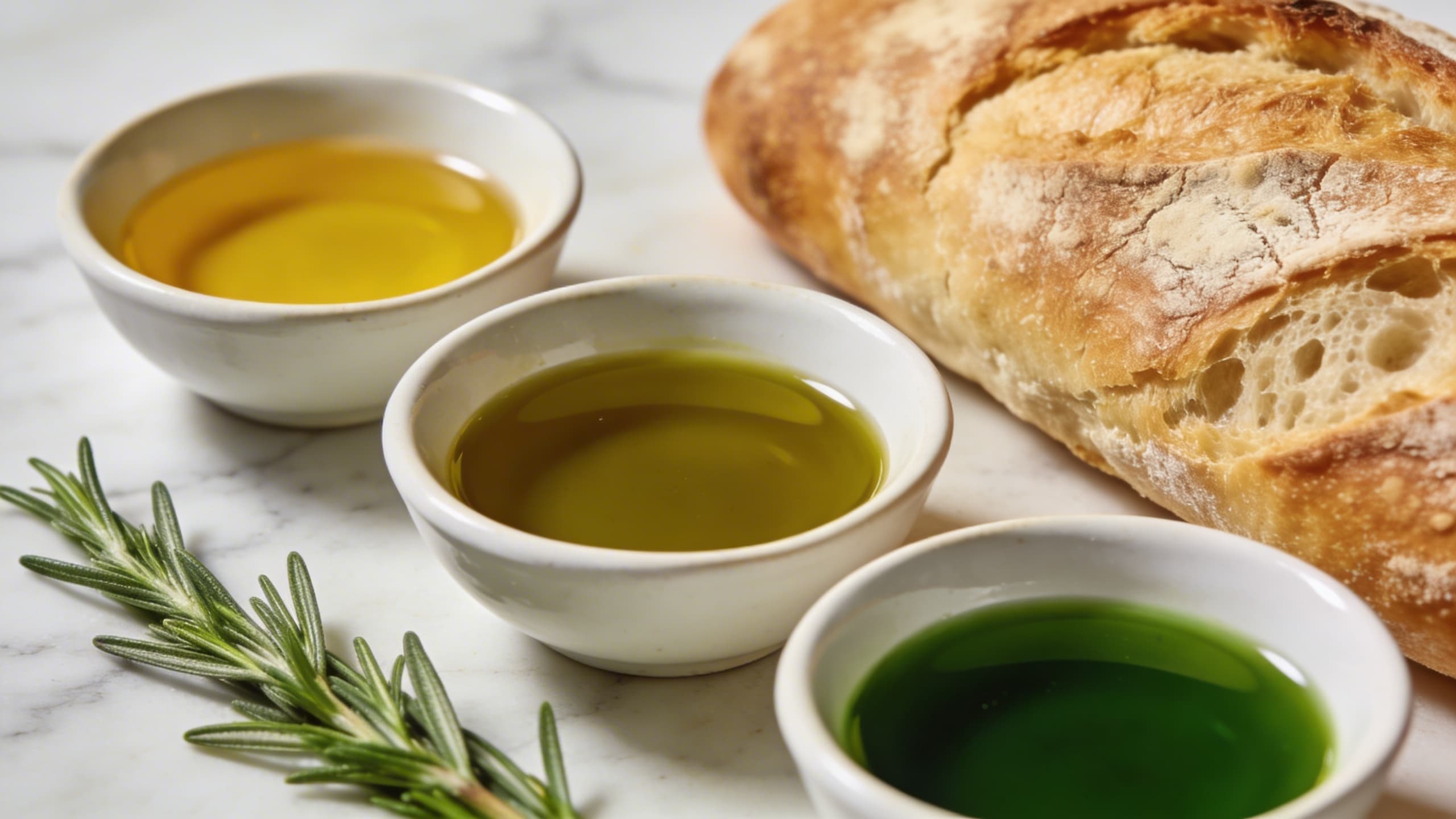 A simple olive oil tasting setup: three small white bowls with different shades of oil, crusty bread, and a sprig of rosemary.
