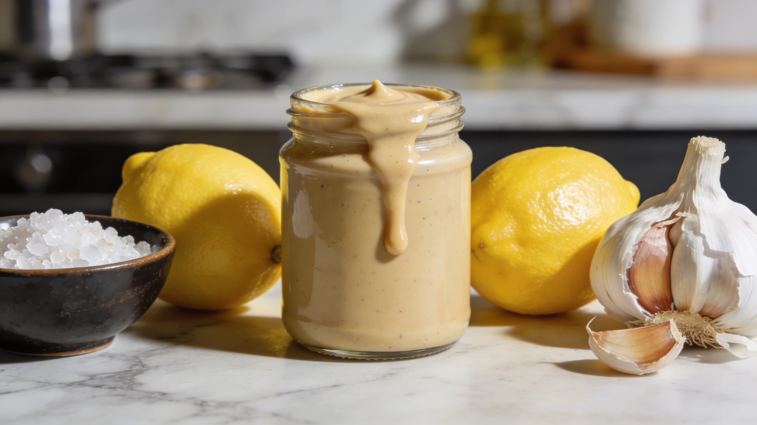 A lineup of Mediterranean pantry staples on a marble counter: a jar of runny tahini, fresh lemons, a bowl of sea salt, and a head of garlic.